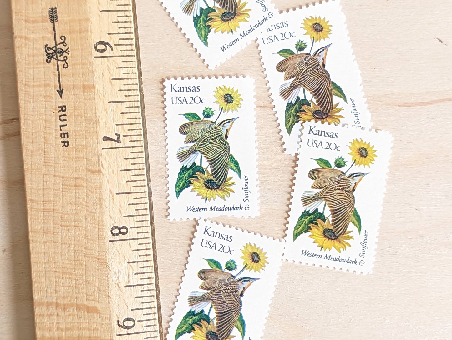 Kansas State Stamp, Set of 5, Vintage Unused USPS 20 Cent Postage Stamps, State Bird and Flower, 1982, Gummed