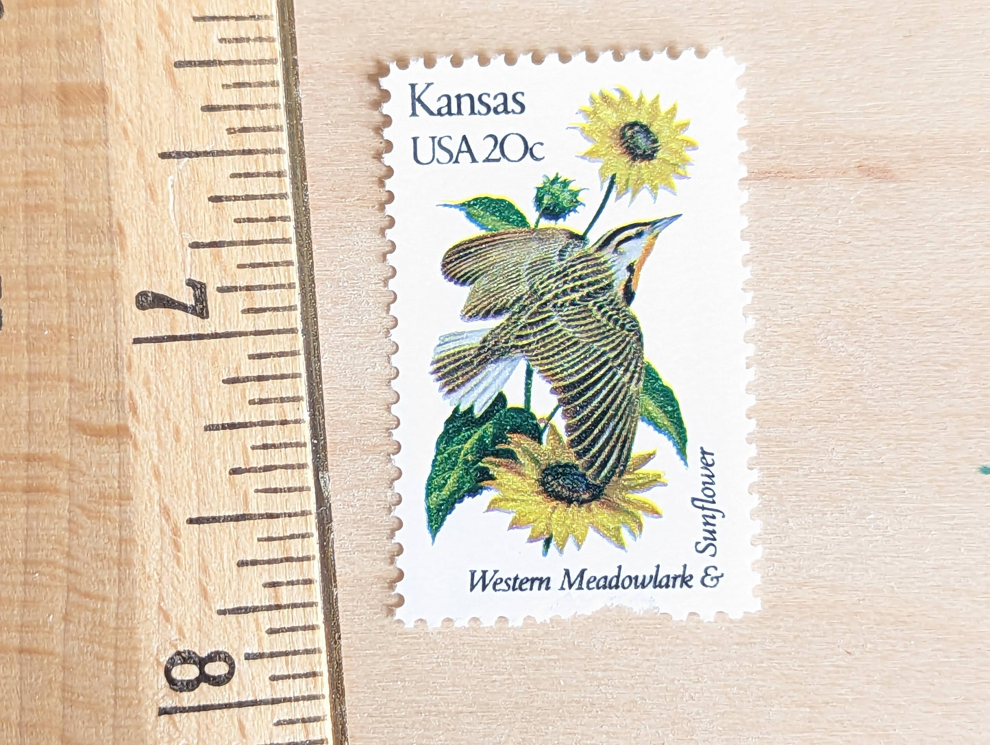 Kansas State Stamp, Set of 5, Vintage Unused USPS 20 Cent Postage Stamps, State Bird and Flower, 1982, Gummed