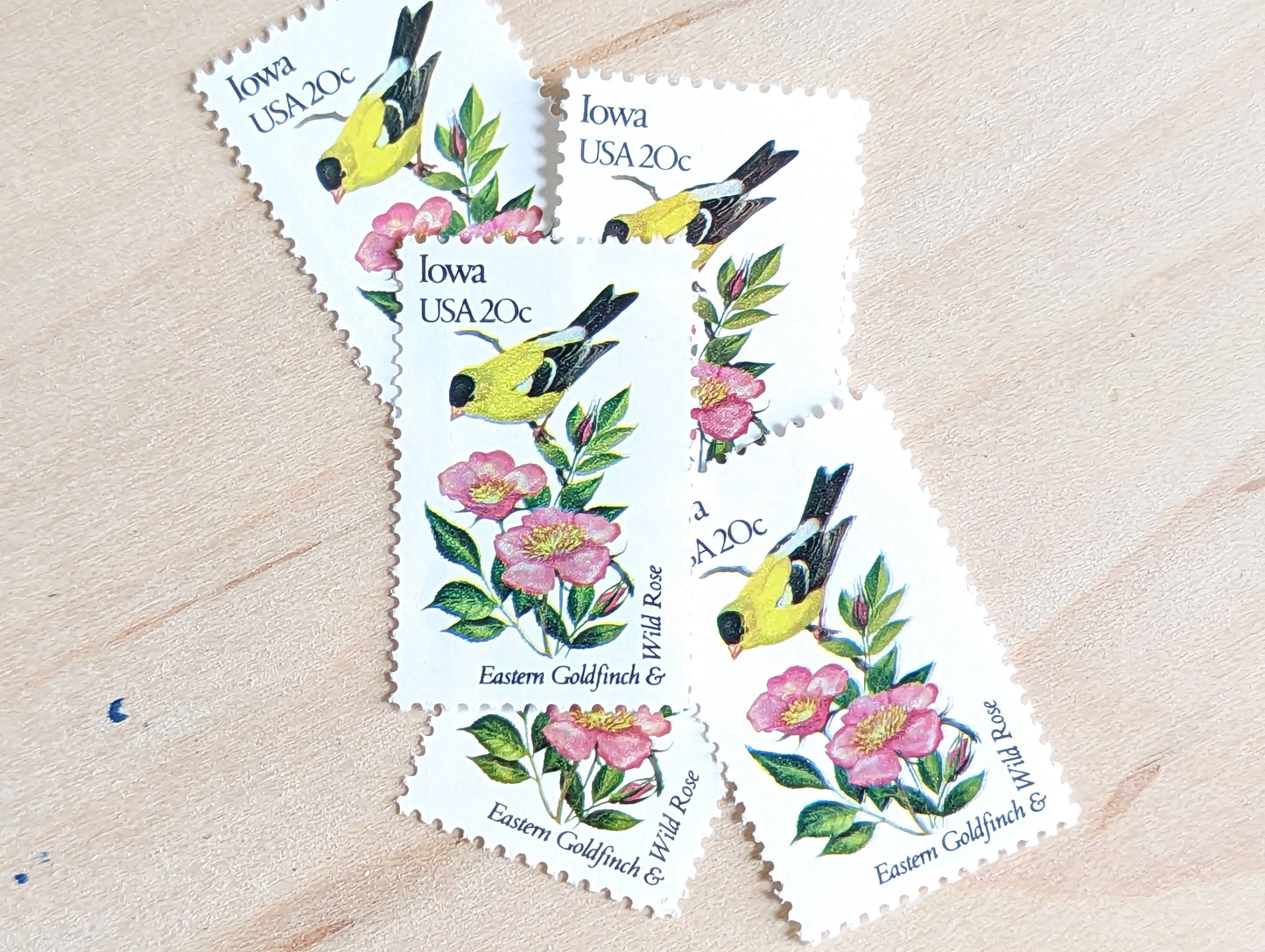 Iowa State Stamp, Set of 5, Vintage Unused USPS 20 Cent Postage Stamps, State Bird and Flower, 1982, Gummed