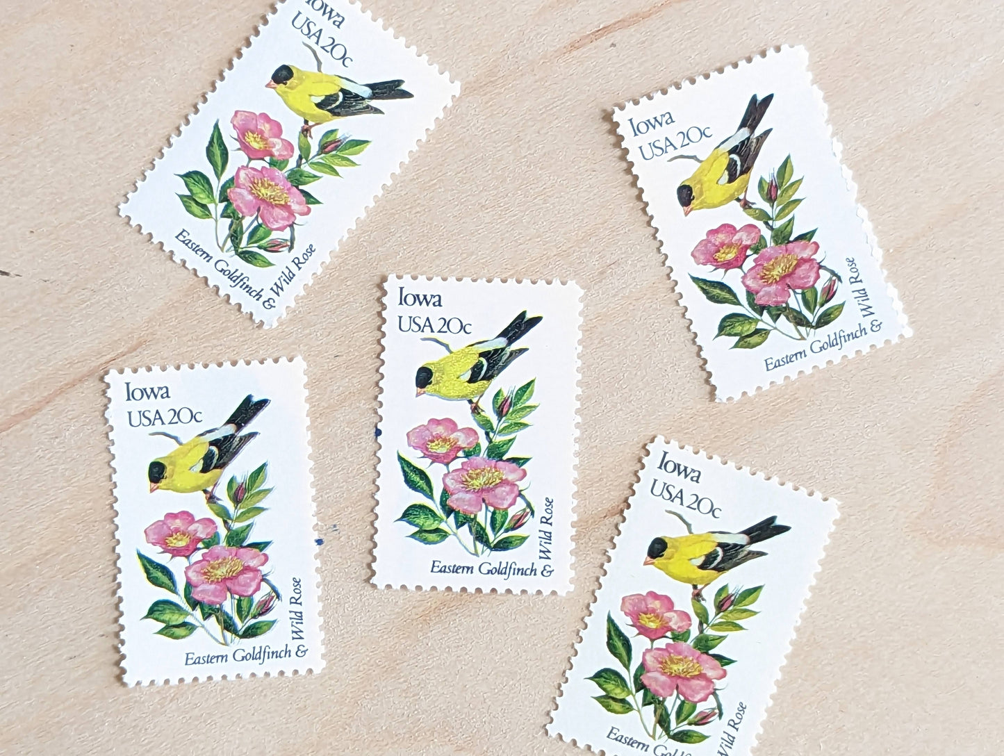 Iowa State Stamp, Set of 5, Vintage Unused USPS 20 Cent Postage Stamps, State Bird and Flower, 1982, Gummed
