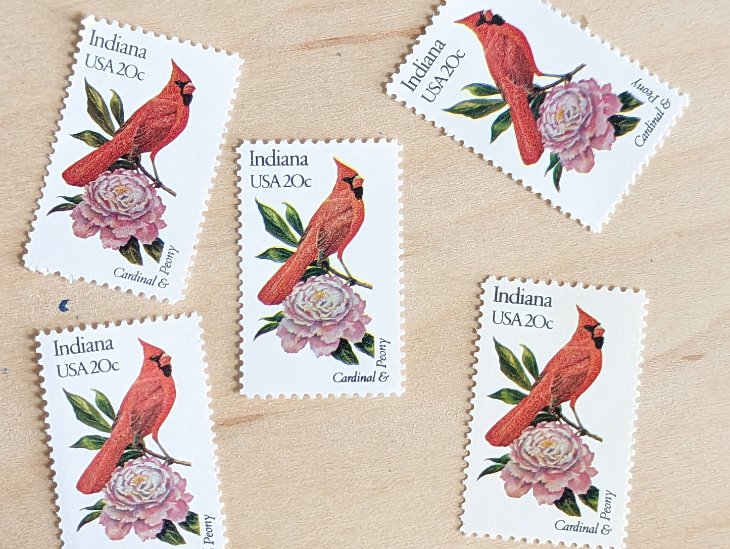 Indiana State Stamp, Set of 5, Vintage Unused USPS 20 Cent Postage Stamps, State Bird and Flower, 1982, Gummed
