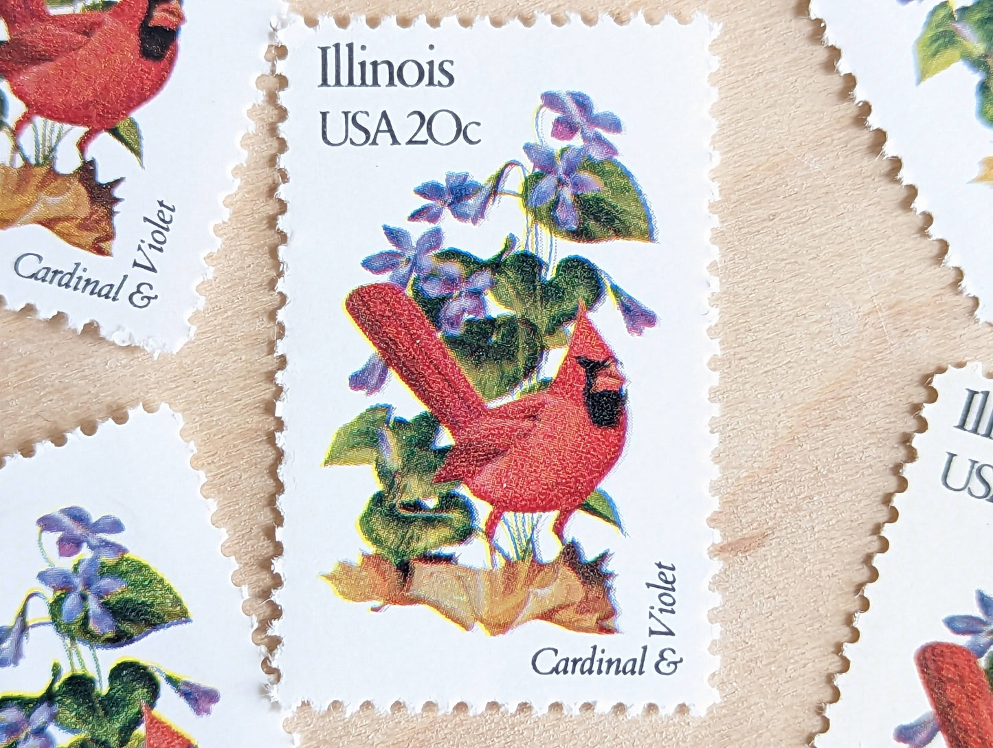 Illinois State Stamp, Set of 5, Vintage Unused USPS 20 Cent Postage Stamps, State Bird and Flower, 1982, Gummed