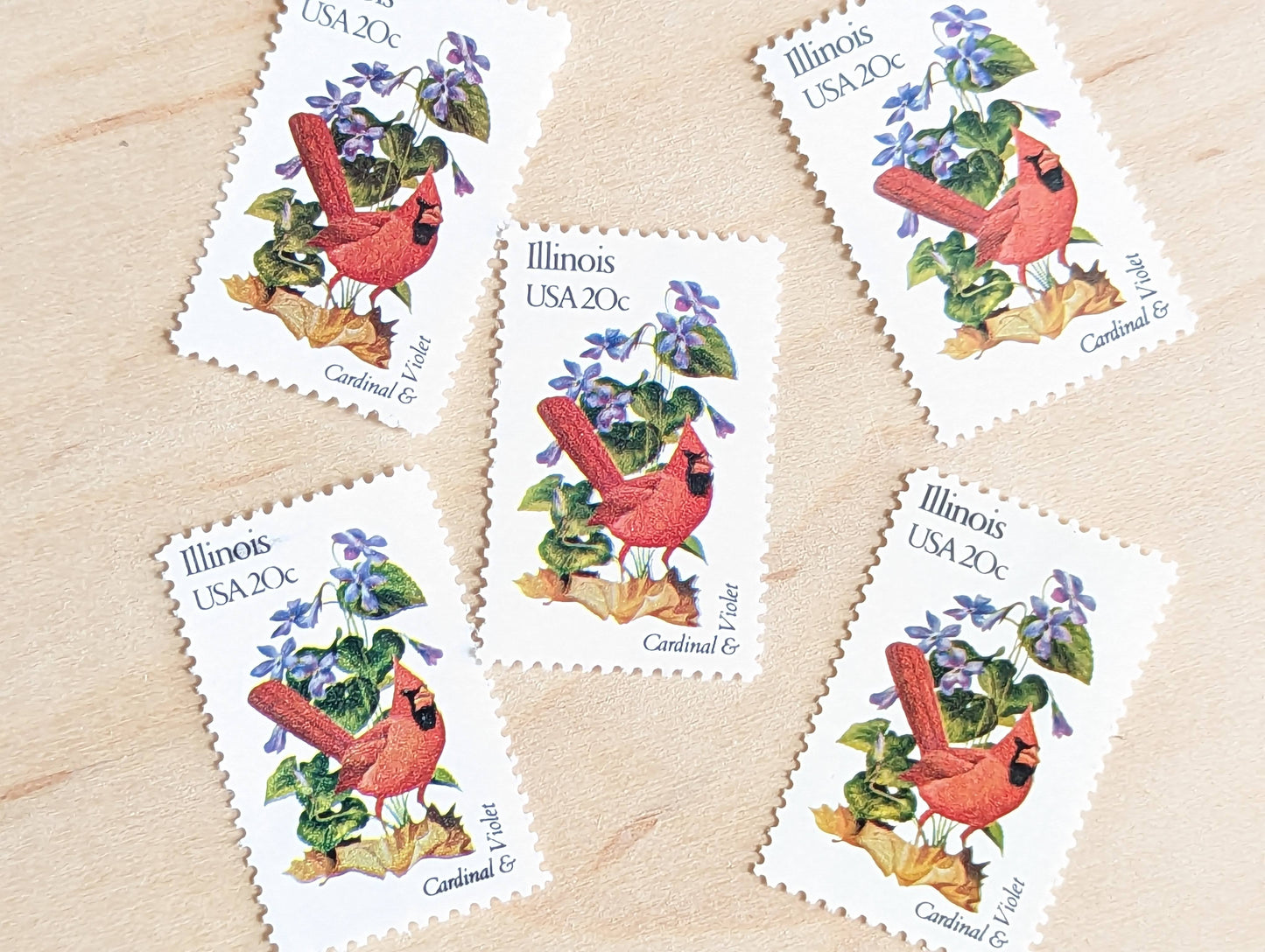Illinois State Stamp, Set of 5, Vintage Unused USPS 20 Cent Postage Stamps, State Bird and Flower, 1982, Gummed