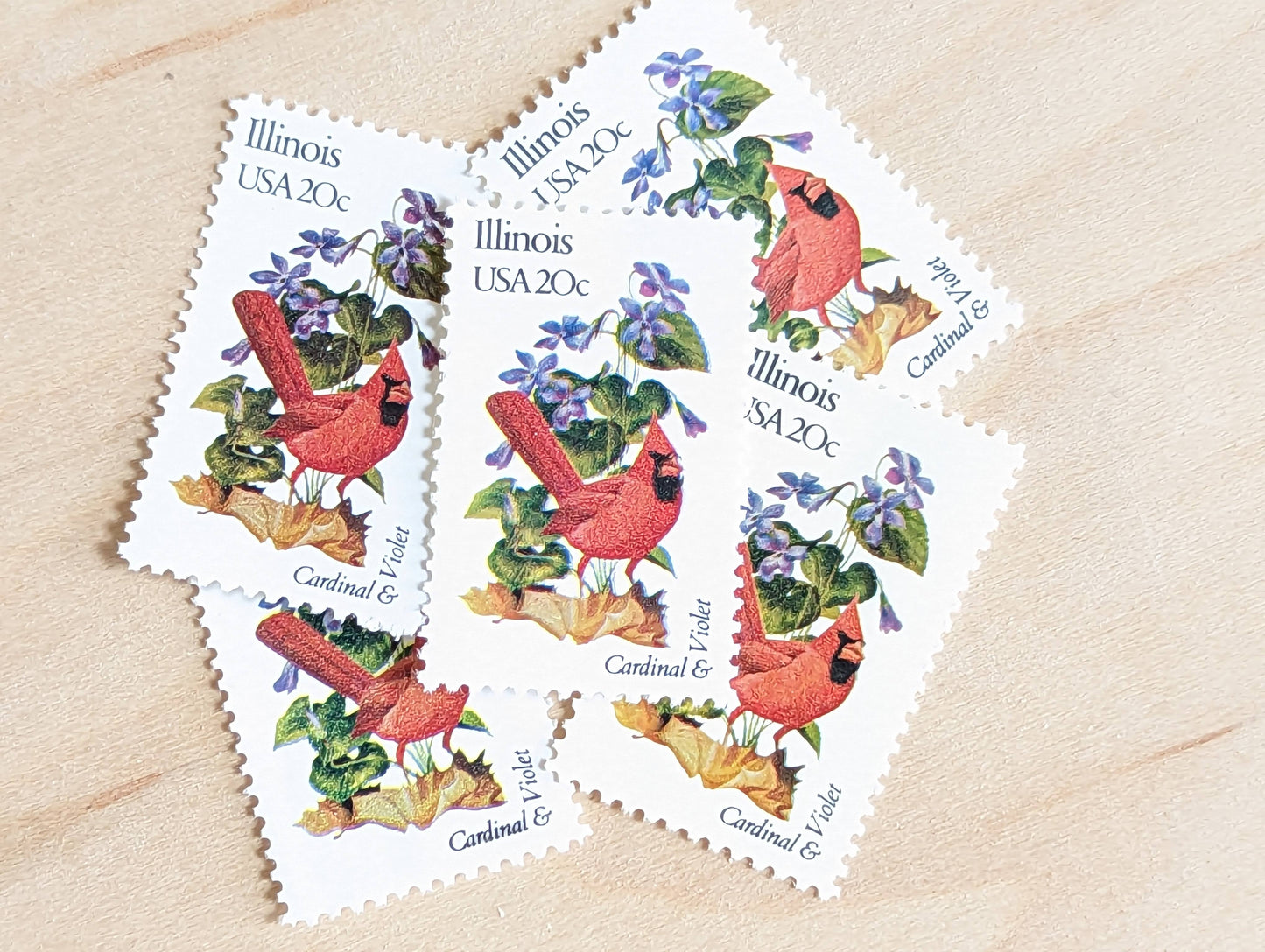 Illinois State Stamp, Set of 5, Vintage Unused USPS 20 Cent Postage Stamps, State Bird and Flower, 1982, Gummed