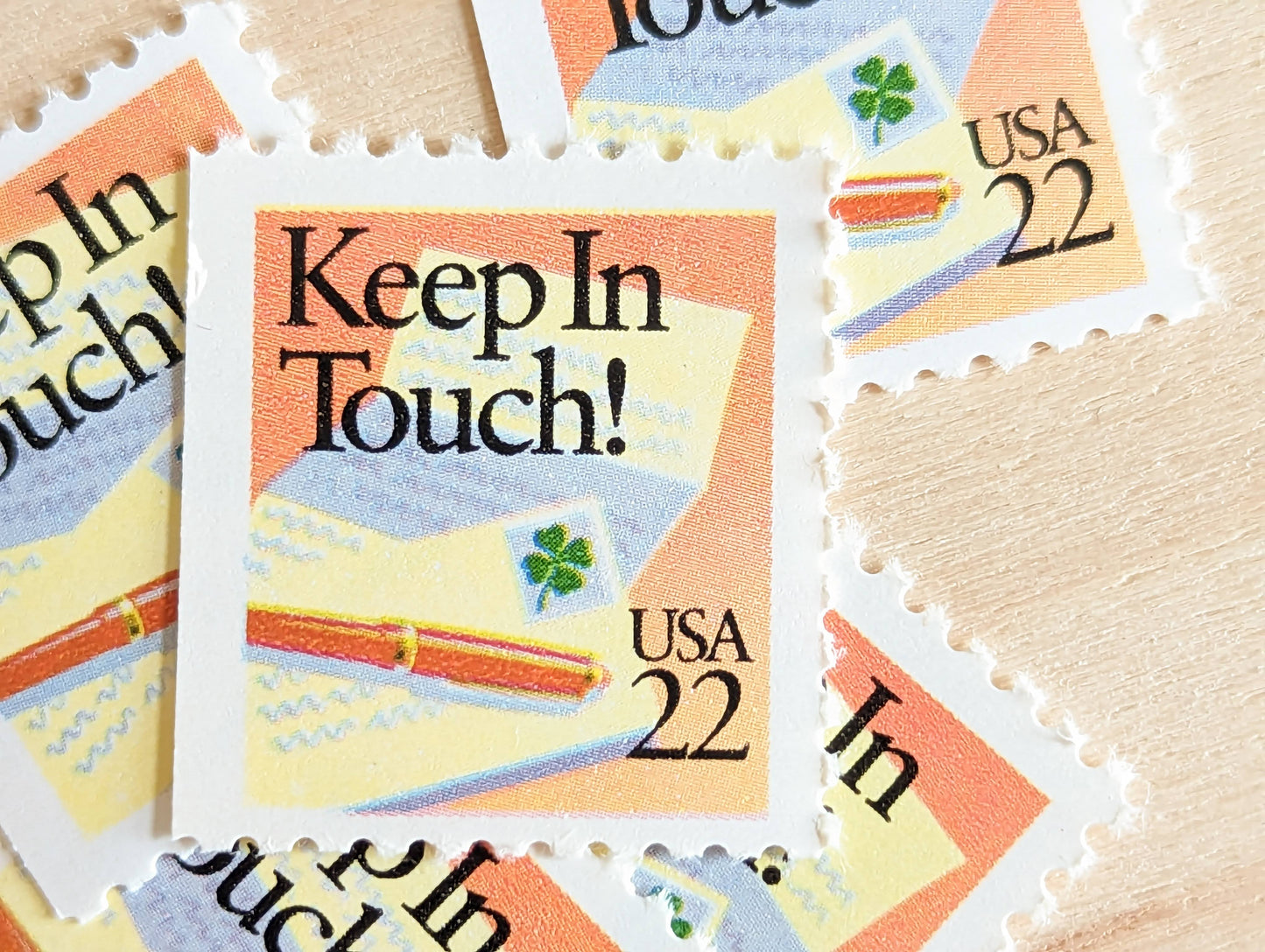 Keep In Touch! Stamps, Set of 5, Vintage Unused USPS 22 Cent Postage Stamps, Shamrock Letter Writing Stamps 1987, Gummed