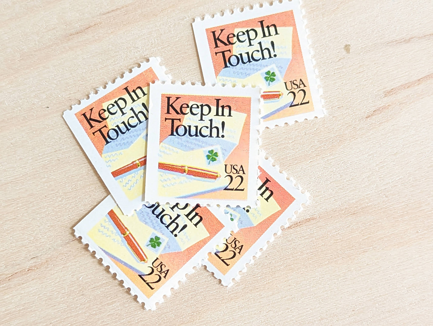 Keep In Touch! Stamps, Set of 5, Vintage Unused USPS 22 Cent Postage Stamps, Shamrock Letter Writing Stamps 1987, Gummed