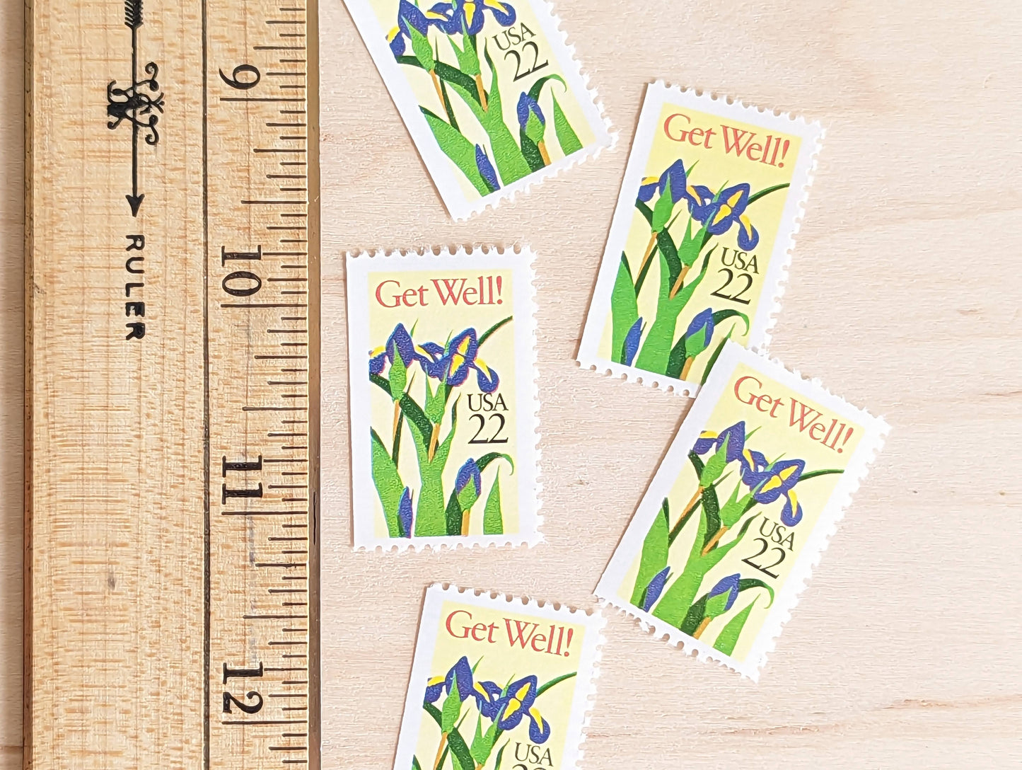 Get Well Iris Stamps, Set of 5, Vintage Unused USPS 22 Cent Postage Stamps, Iris Flower Stamps 1987, Gummed