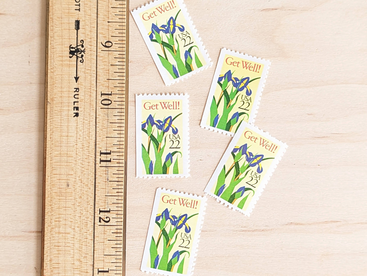 Get Well Iris Stamps, Set of 5, Vintage Unused USPS 22 Cent Postage Stamps, Iris Flower Stamps 1987, Gummed
