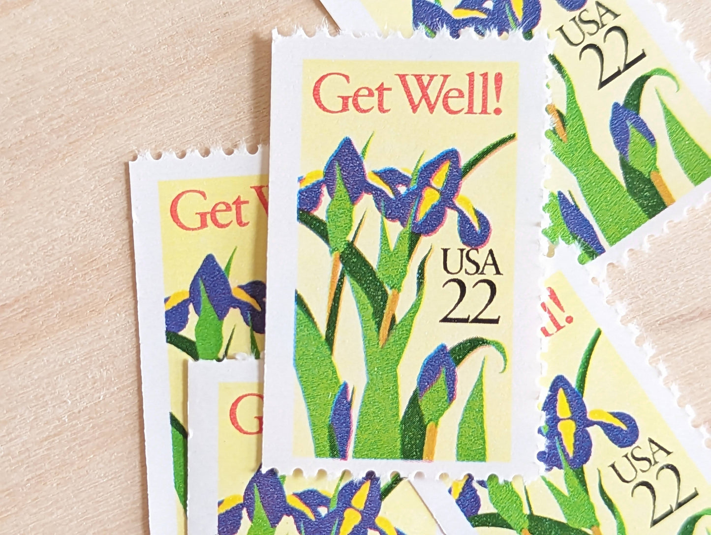 Get Well Iris Stamps, Set of 5, Vintage Unused USPS 22 Cent Postage Stamps, Iris Flower Stamps 1987, Gummed