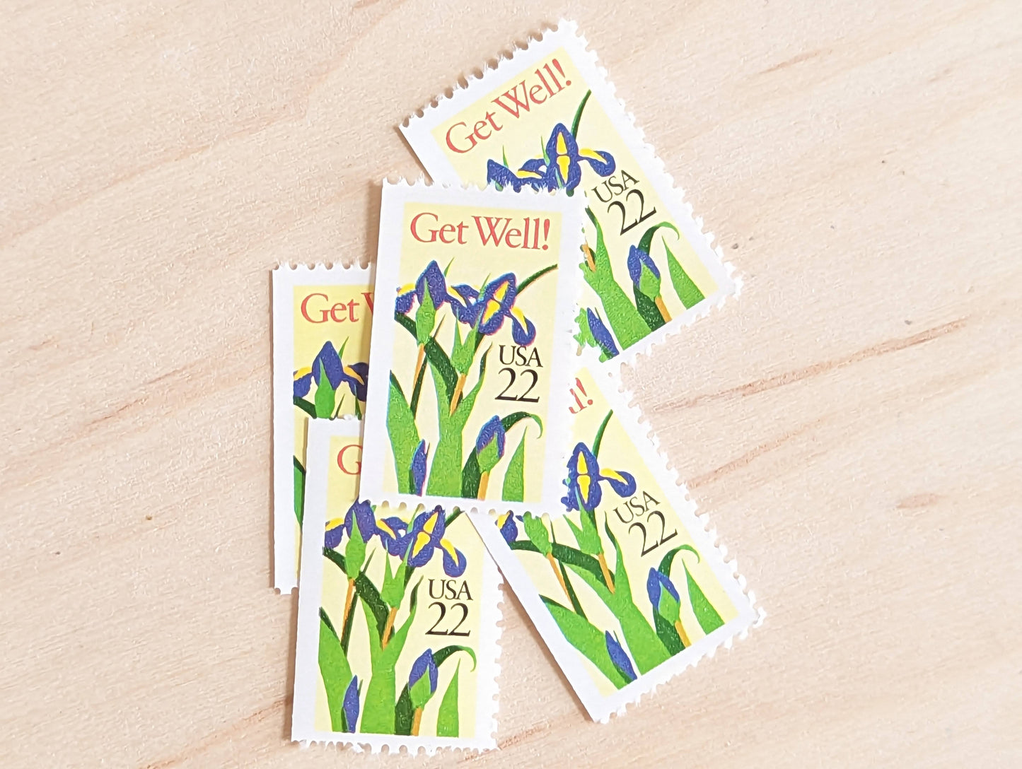 Get Well Iris Stamps, Set of 5, Vintage Unused USPS 22 Cent Postage Stamps, Iris Flower Stamps 1987, Gummed