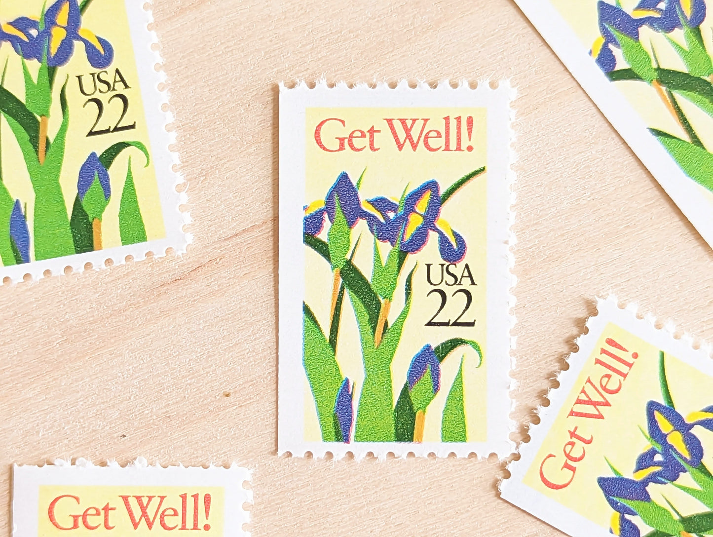 Get Well Iris Stamps, Set of 5, Vintage Unused USPS 22 Cent Postage Stamps, Iris Flower Stamps 1987, Gummed