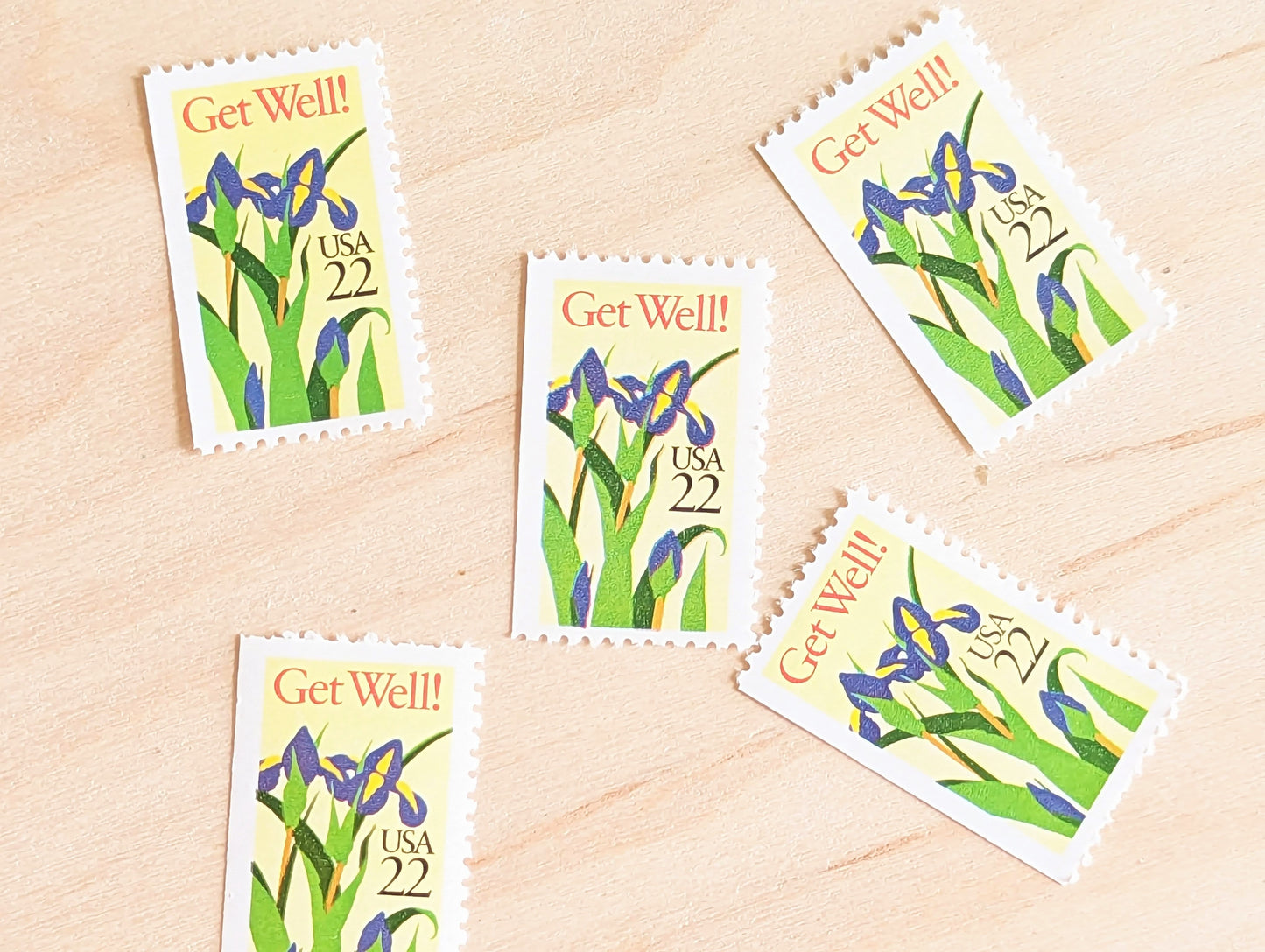Get Well Iris Stamps, Set of 5, Vintage Unused USPS 22 Cent Postage Stamps, Iris Flower Stamps 1987, Gummed