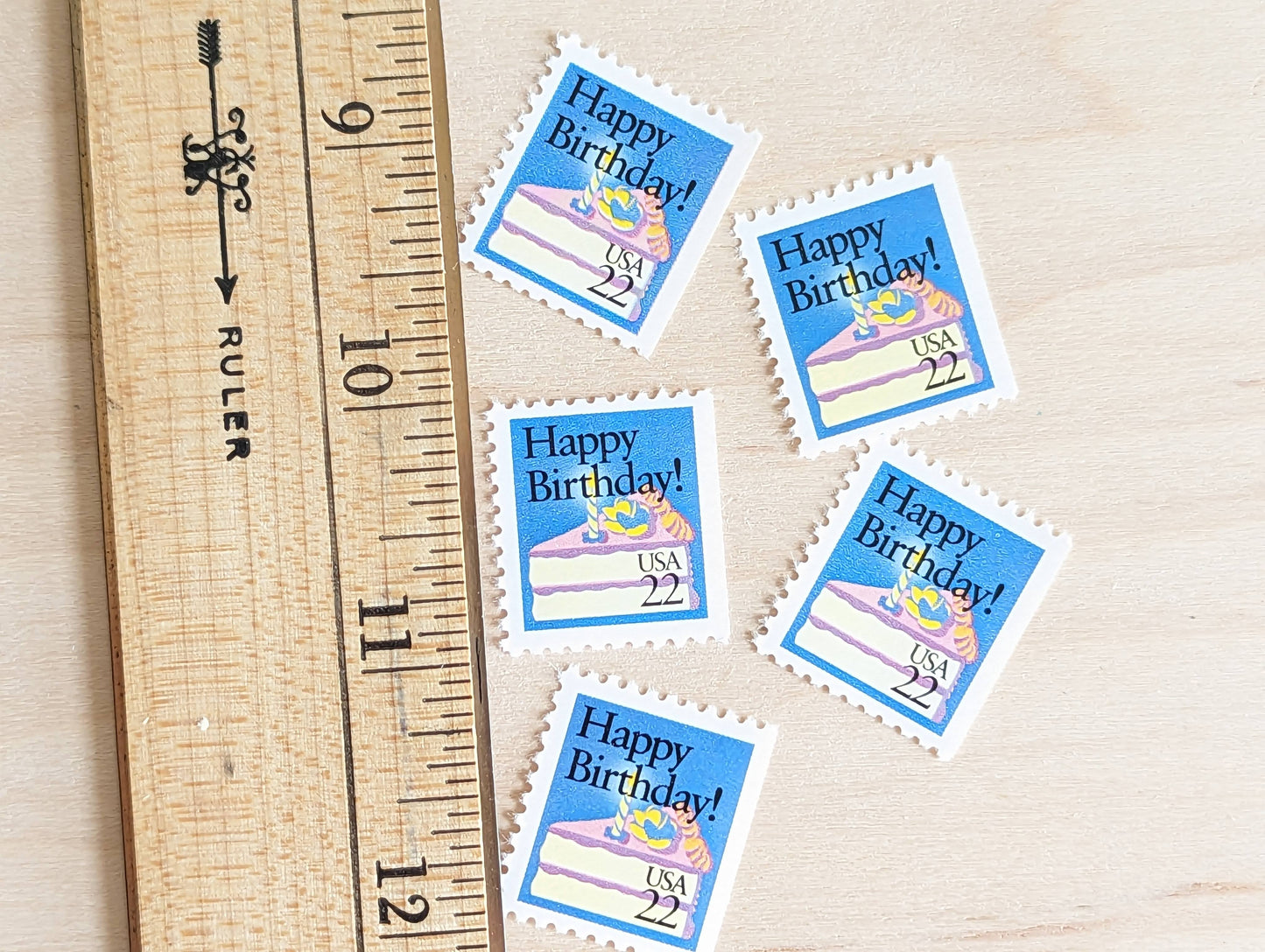 Happy Birthday Stamps, Set of 5, Vintage Unused USPS 22 Cent Postage Stamps, Birthday Cake Stamps 1987, Gummed