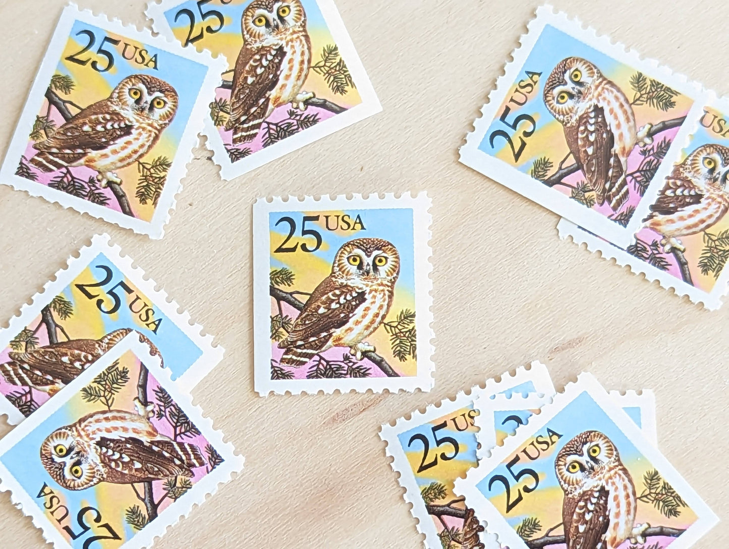 Owl Stamps, Set of 10, Vintage Unused USPS 25 Cent Postage Stamps, Bird Stamps 1988, Gummed