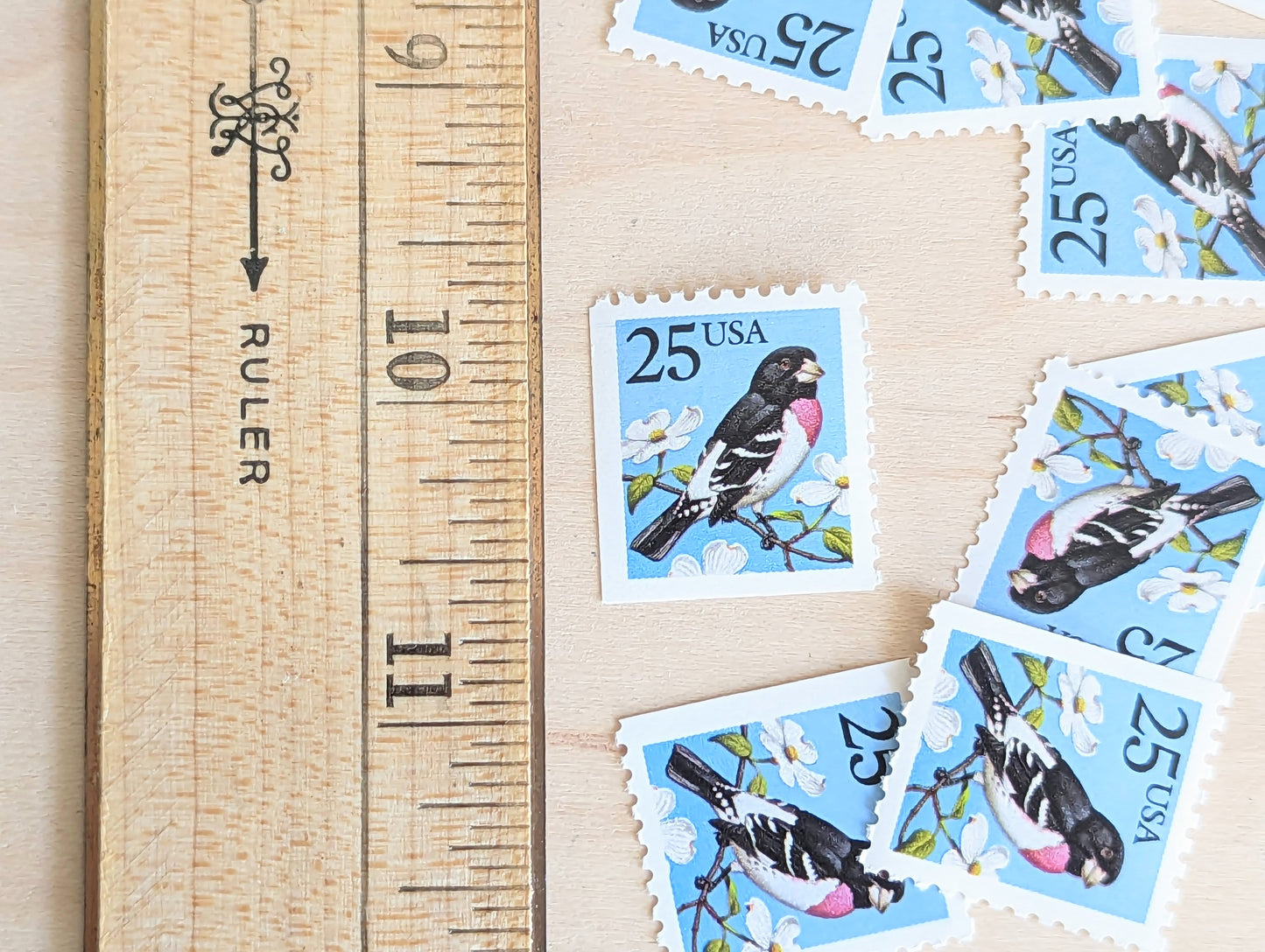 Grosbeak Stamps, Set of 10, Vintage Unused USPS 25 Cent Postage Stamps, Bird Stamps Flowering Tree, Spring 1988, Gummed