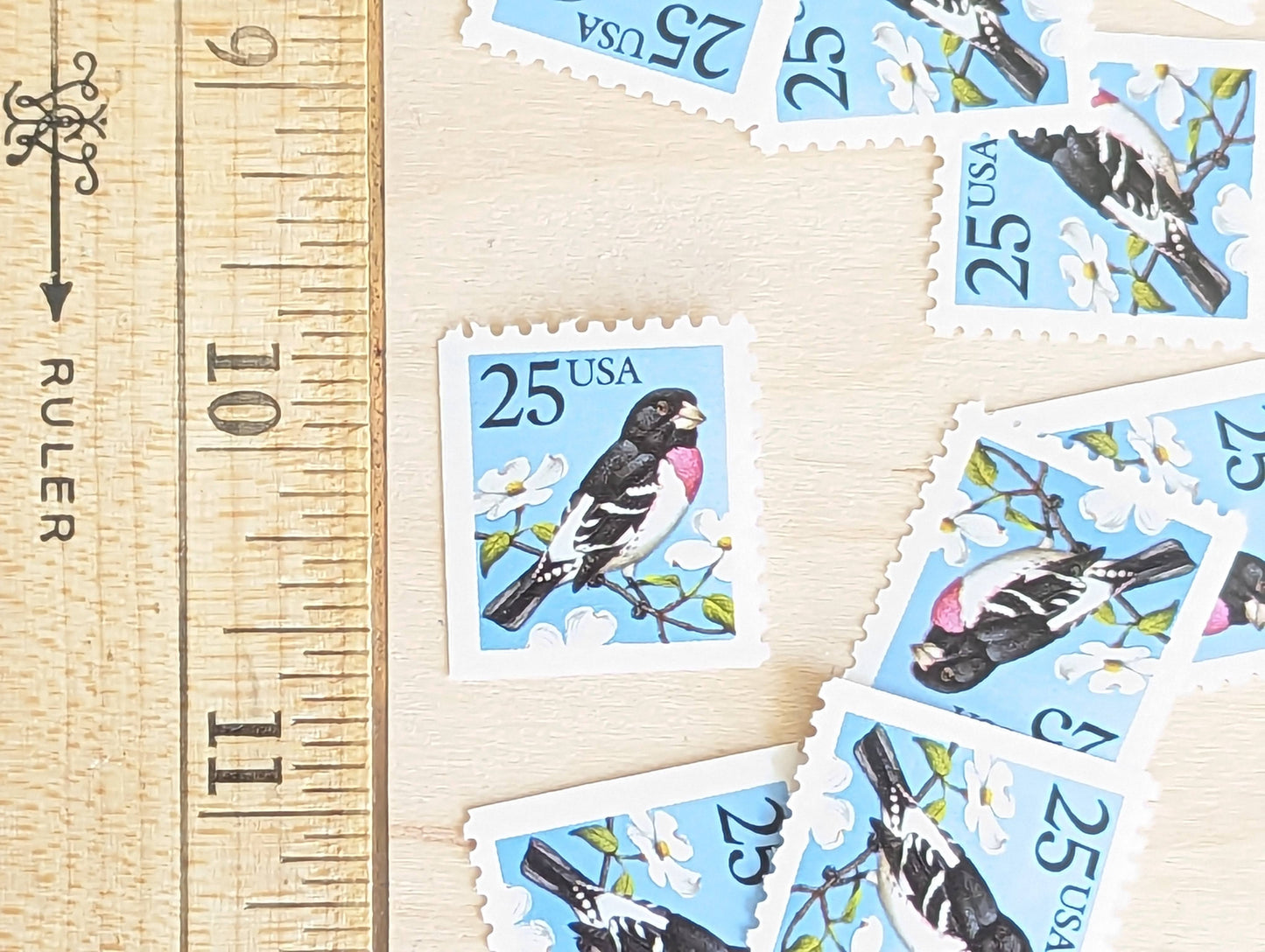 Grosbeak Stamps, Set of 10, Vintage Unused USPS 25 Cent Postage Stamps, Bird Stamps Flowering Tree, Spring 1988, Gummed