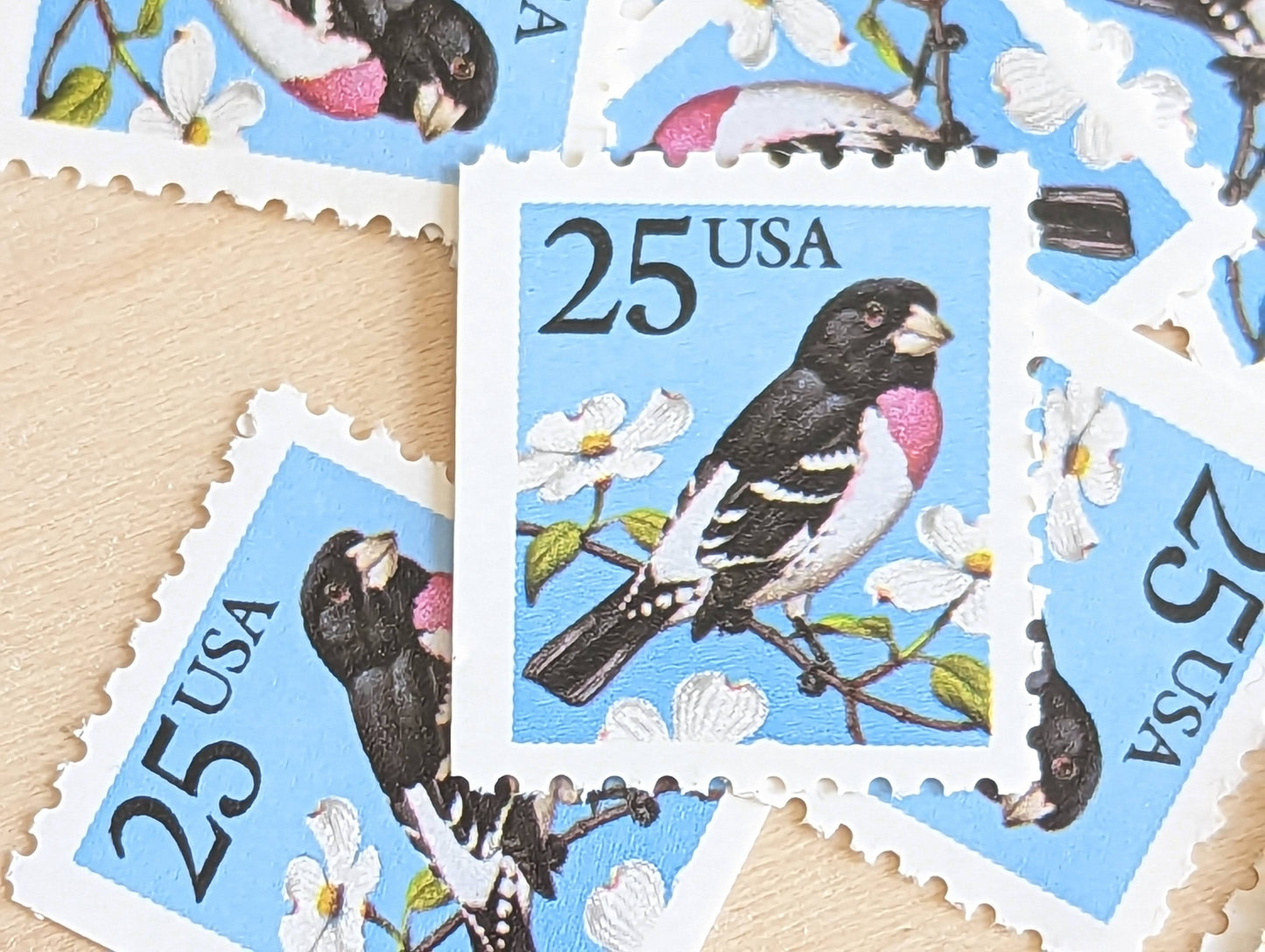 Grosbeak Stamps, Set of 10, Vintage Unused USPS 25 Cent Postage Stamps, Bird Stamps Flowering Tree, Spring 1988, Gummed