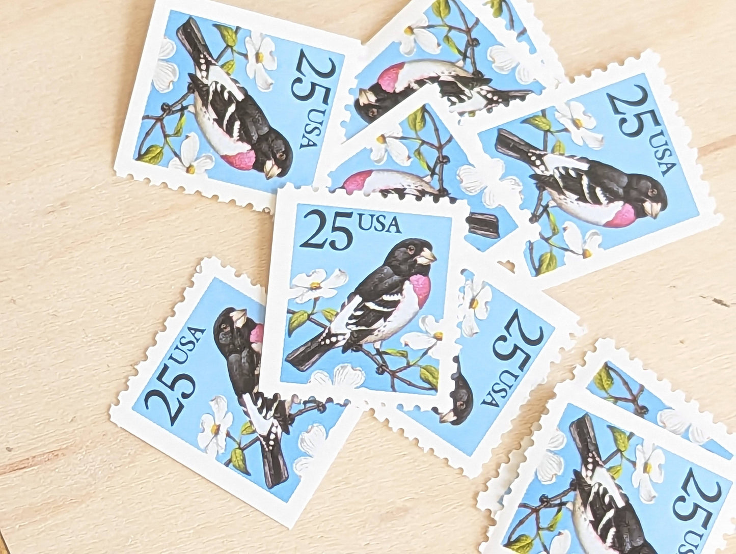 Grosbeak Stamps, Set of 10, Vintage Unused USPS 25 Cent Postage Stamps, Bird Stamps Flowering Tree, Spring 1988, Gummed