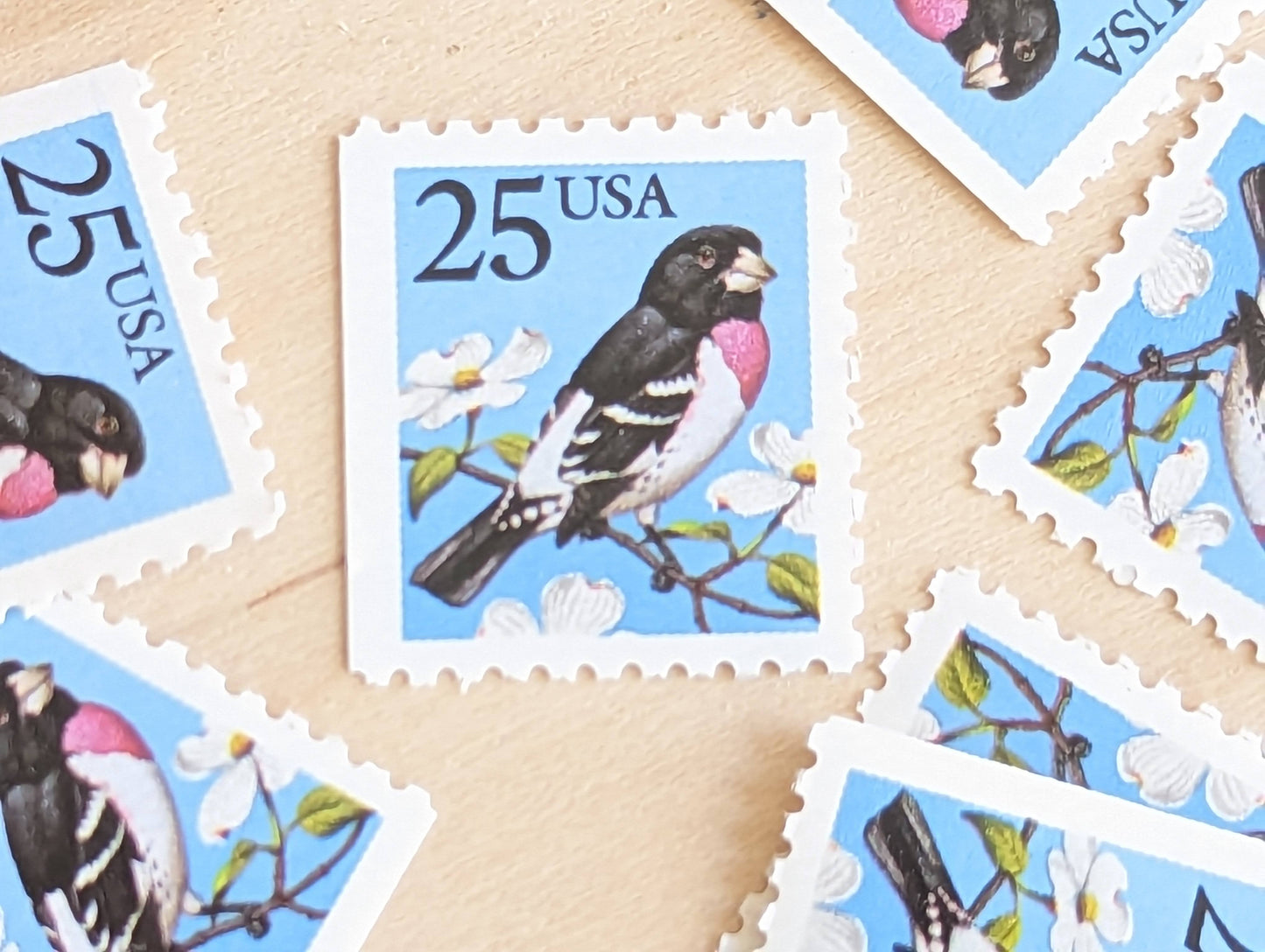 Grosbeak Stamps, Set of 10, Vintage Unused USPS 25 Cent Postage Stamps, Bird Stamps Flowering Tree, Spring 1988, Gummed
