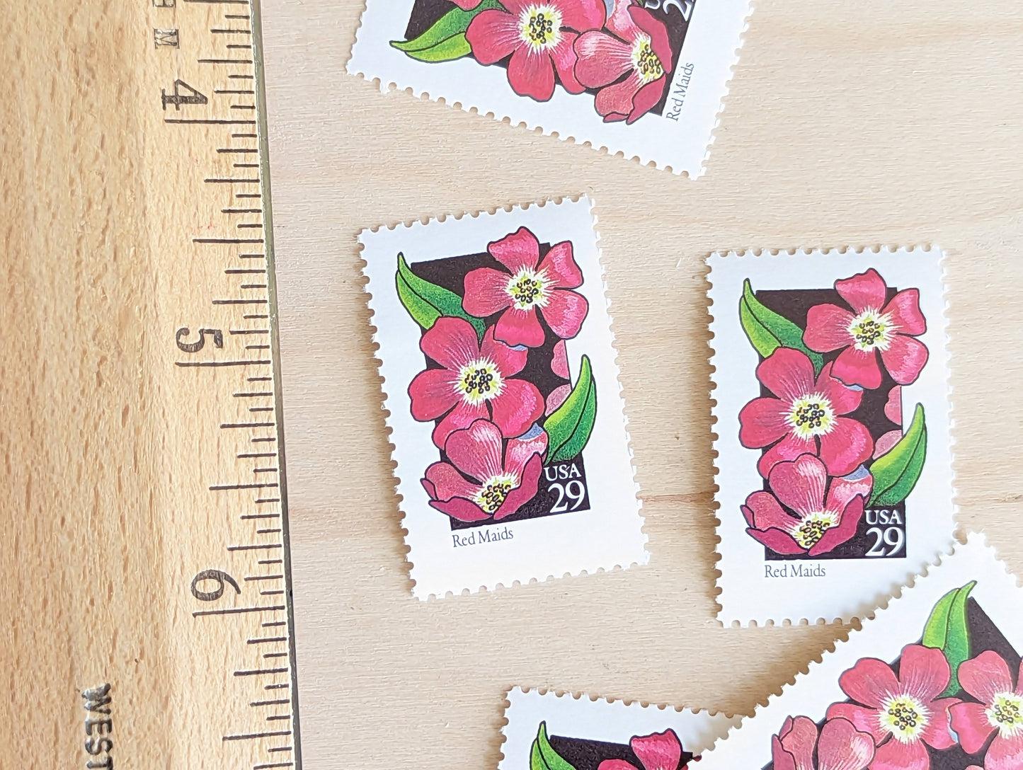 Red Maids Stamps, Set of 5, Vintage Unused USPS 29 Cent Postage Stamps, Wildflower Stamps 1992, Gummed