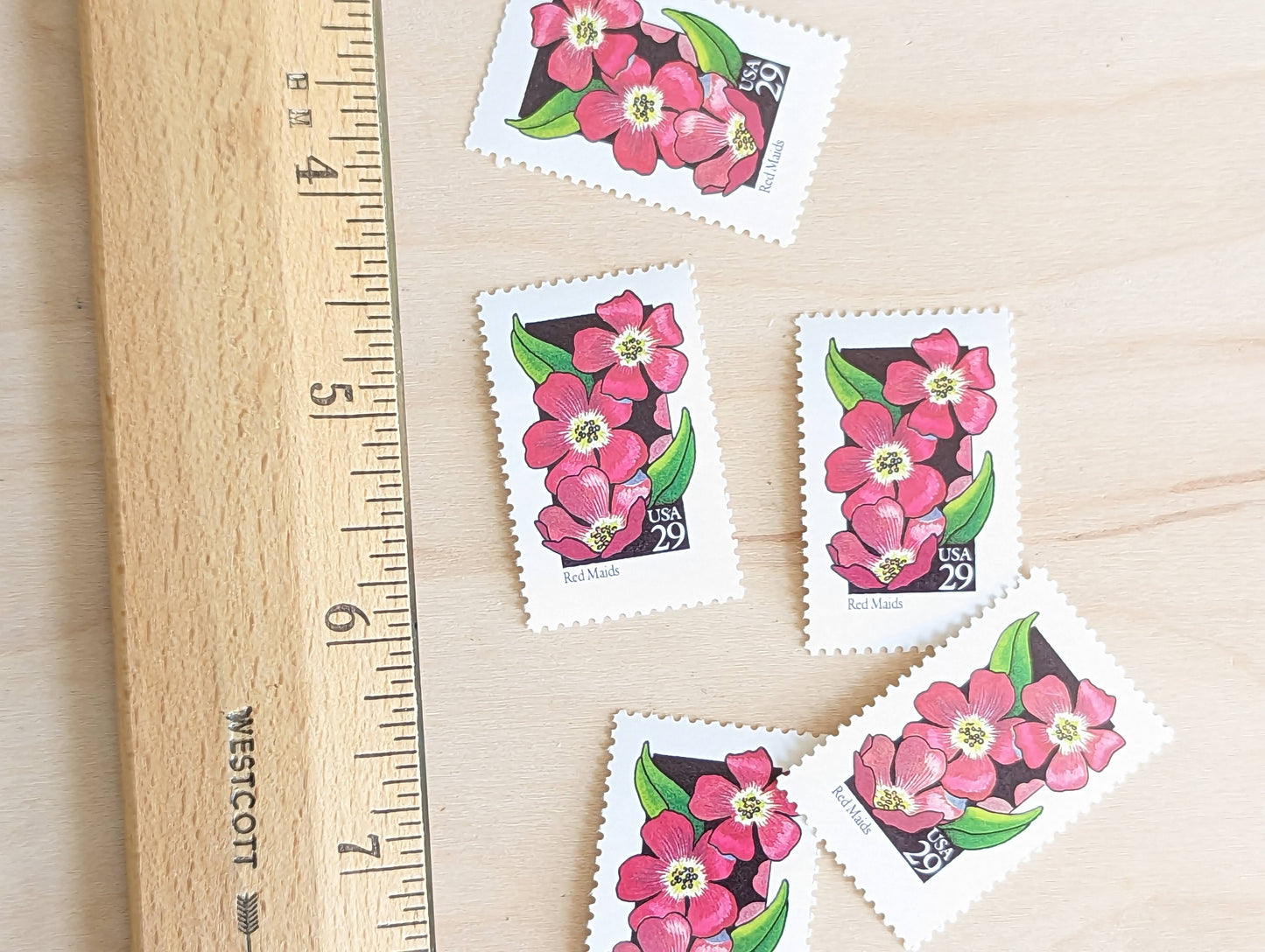 Red Maids Stamps, Set of 5, Vintage Unused USPS 29 Cent Postage Stamps, Wildflower Stamps 1992, Gummed