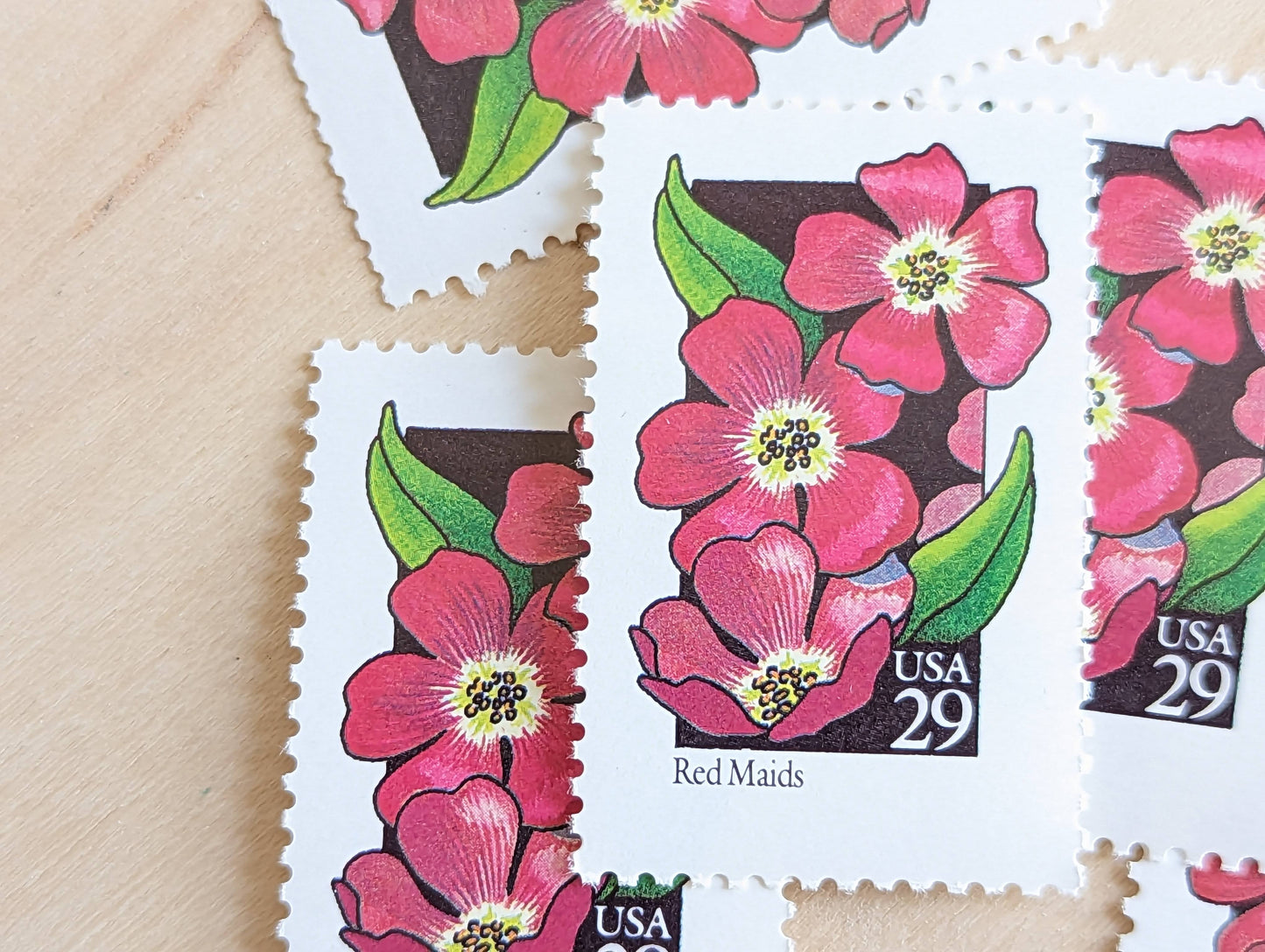 Red Maids Stamps, Set of 5, Vintage Unused USPS 29 Cent Postage Stamps, Wildflower Stamps 1992, Gummed