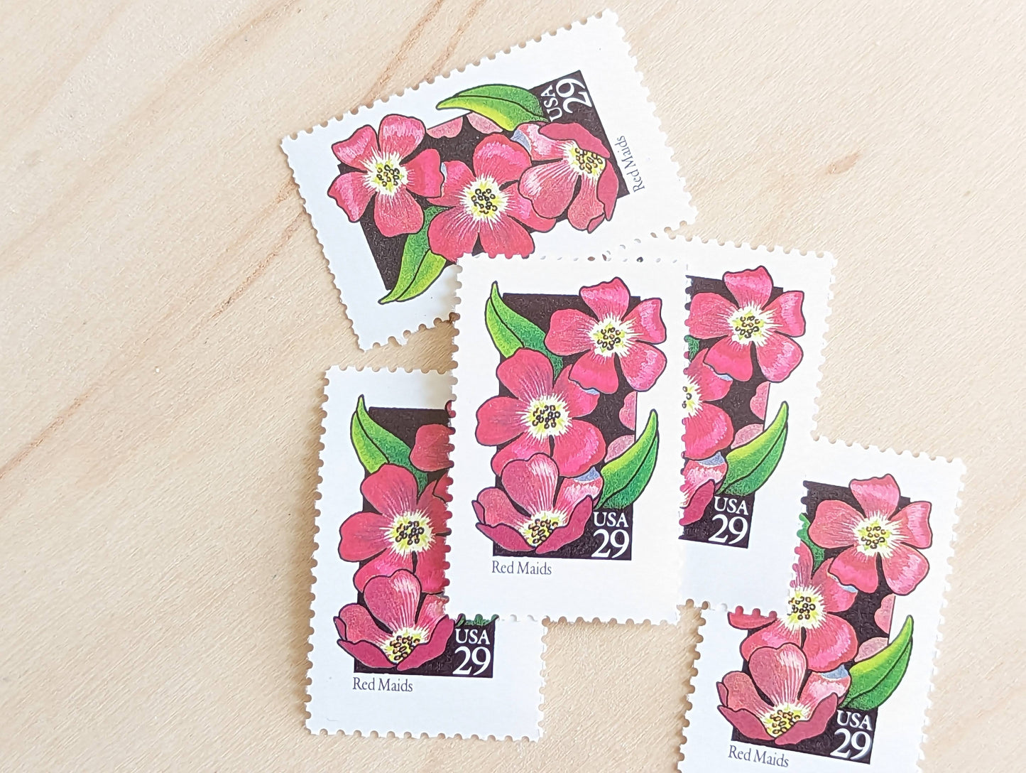 Red Maids Stamps, Set of 5, Vintage Unused USPS 29 Cent Postage Stamps, Wildflower Stamps 1992, Gummed