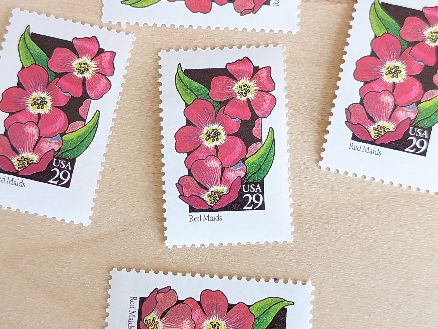 Red Maids Stamps, Set of 5, Vintage Unused USPS 29 Cent Postage Stamps, Wildflower Stamps 1992, Gummed