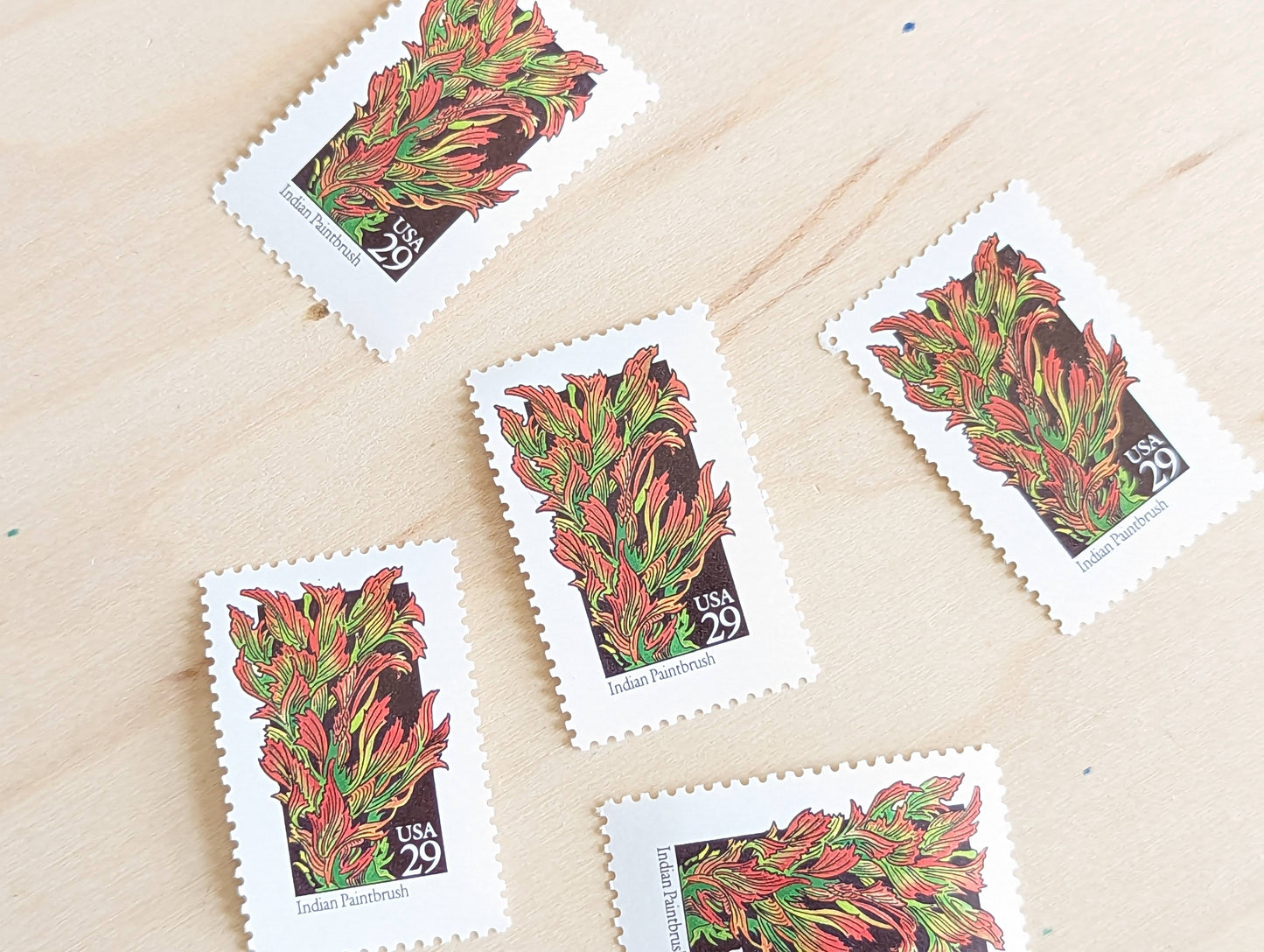 Indian Paintbrush Stamps, Set of 5, Vintage Unused USPS 29 Cent Postage Stamps, Wildflower Stamps 1992, Gummed