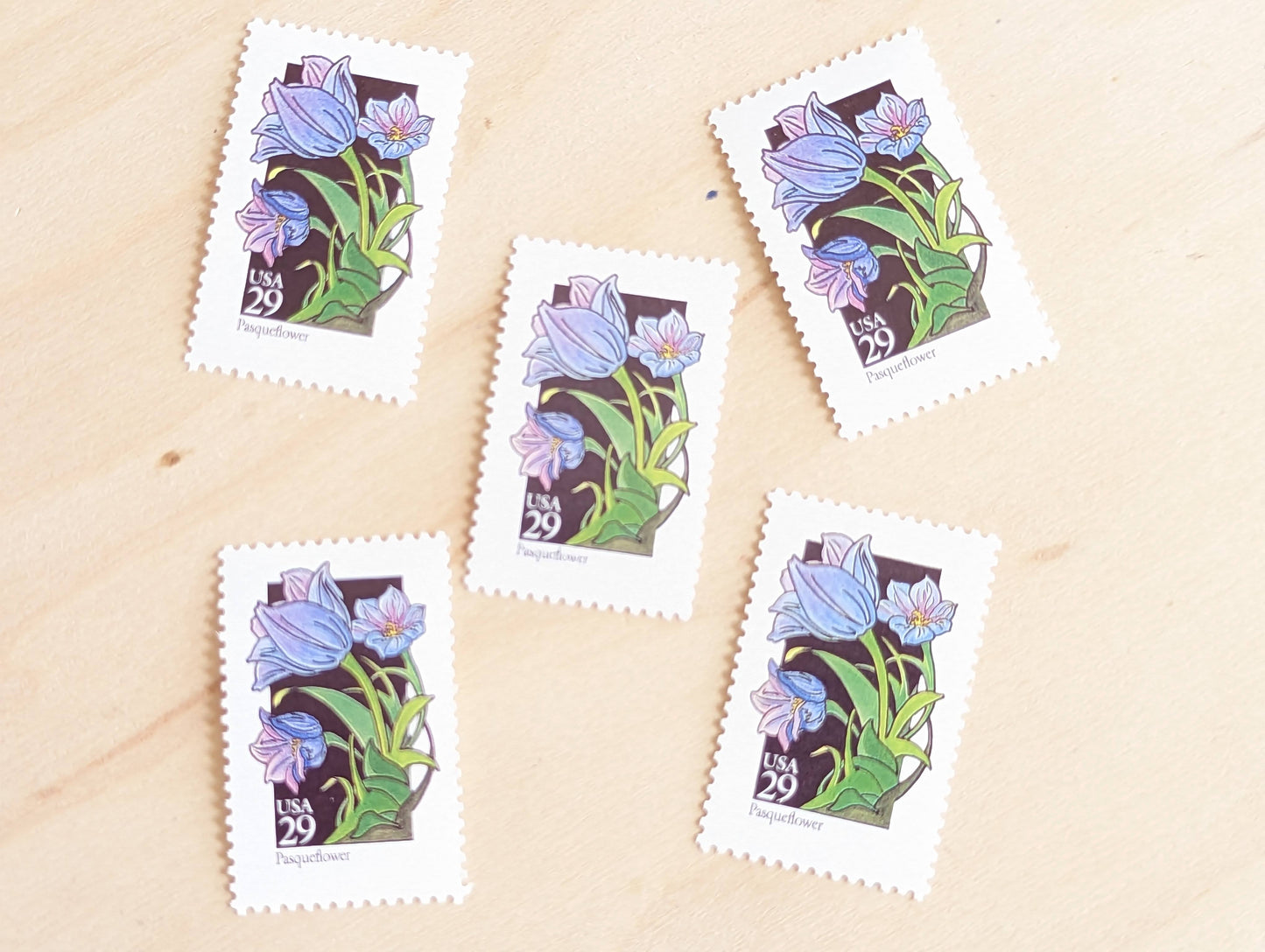 Pasqueflower Wildflower Stamps, Set of 5, Vintage Unused USPS 29 Cent Postage Stamps, Wildflowers 1992, Gummed