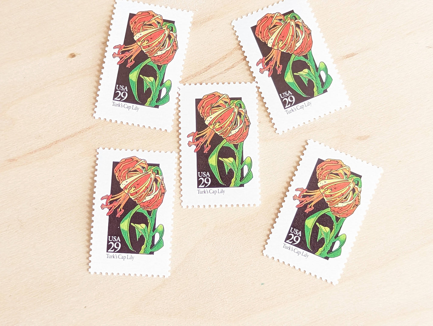 Turk's Cap Lily Wildflower Stamps, Set of 5, Vintage Unused USPS 29 Cent Postage Stamps, Wildflowers 1992, Gummed