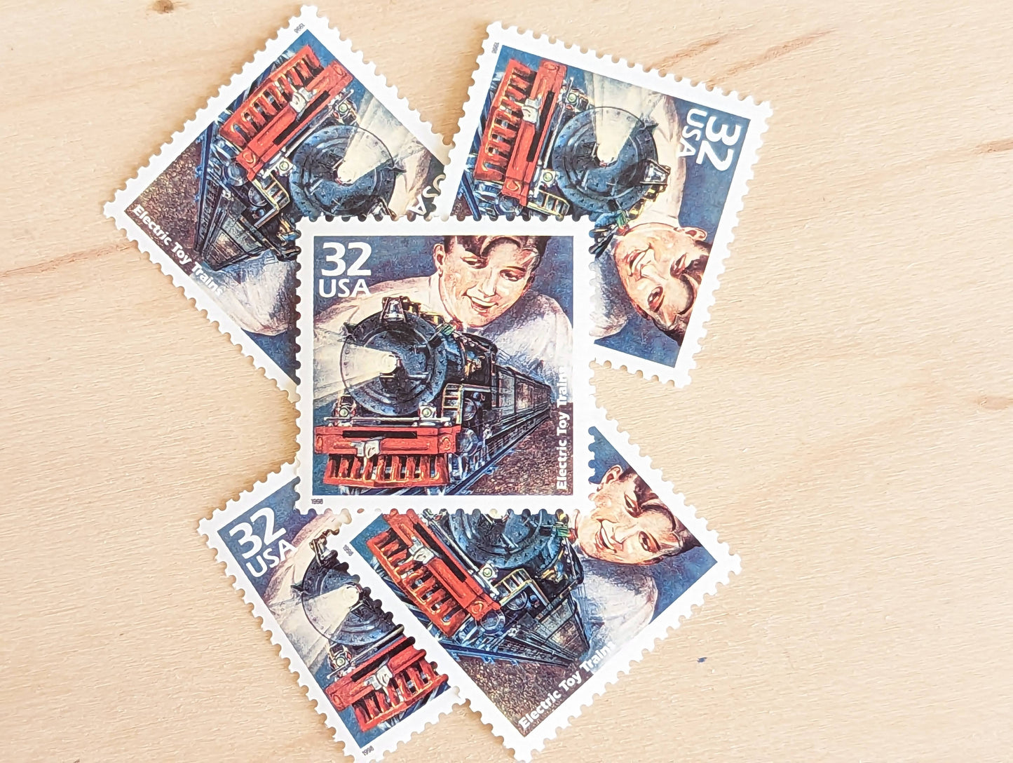 Electric Toy Lionel Trains, Set of 5, Vintage Unused USPS 32 Cent Postage Stamps, 1920s Celebrate the Century Series 1998, Gummed