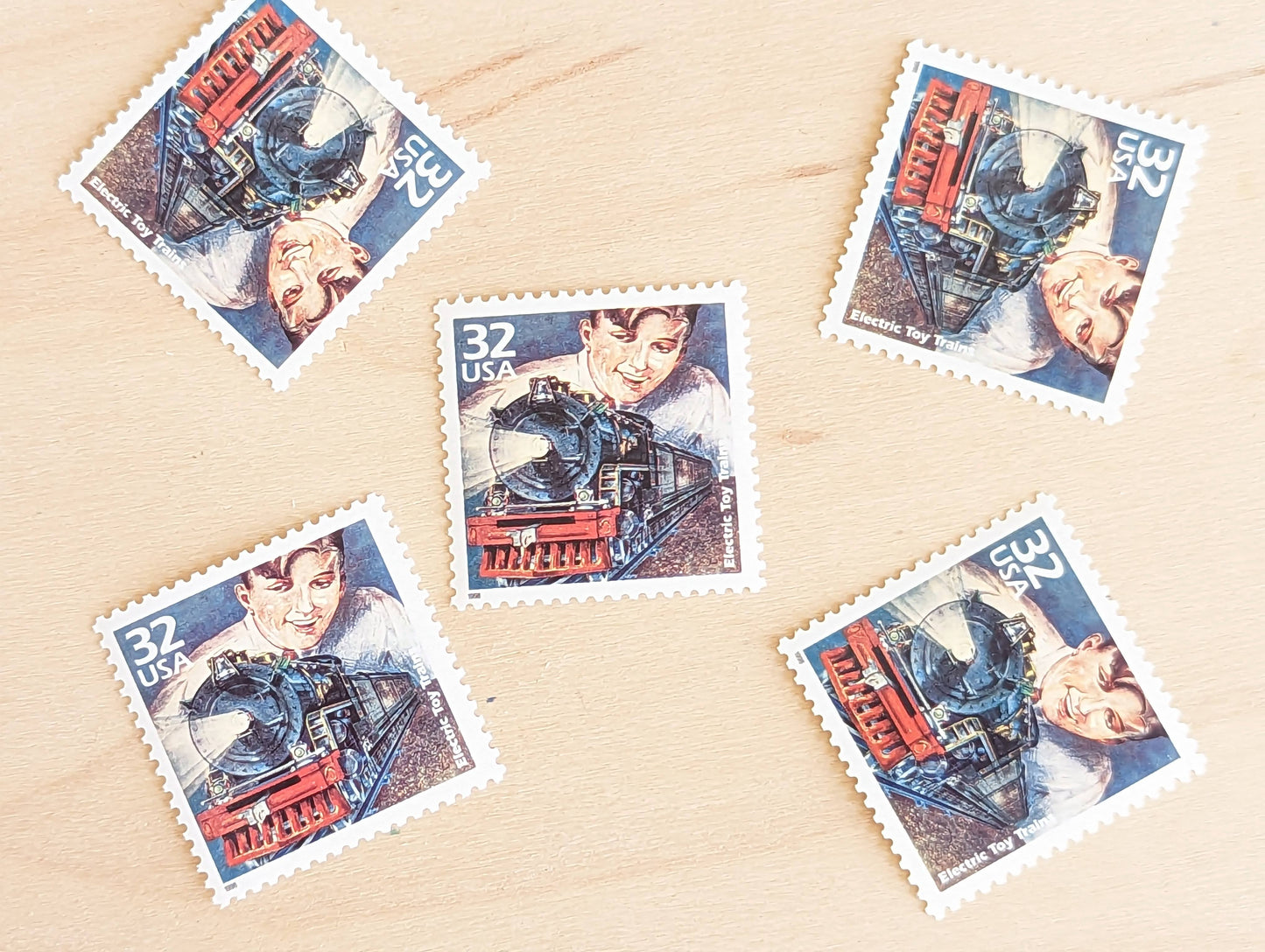 Electric Toy Lionel Trains, Set of 5, Vintage Unused USPS 32 Cent Postage Stamps, 1920s Celebrate the Century Series 1998, Gummed