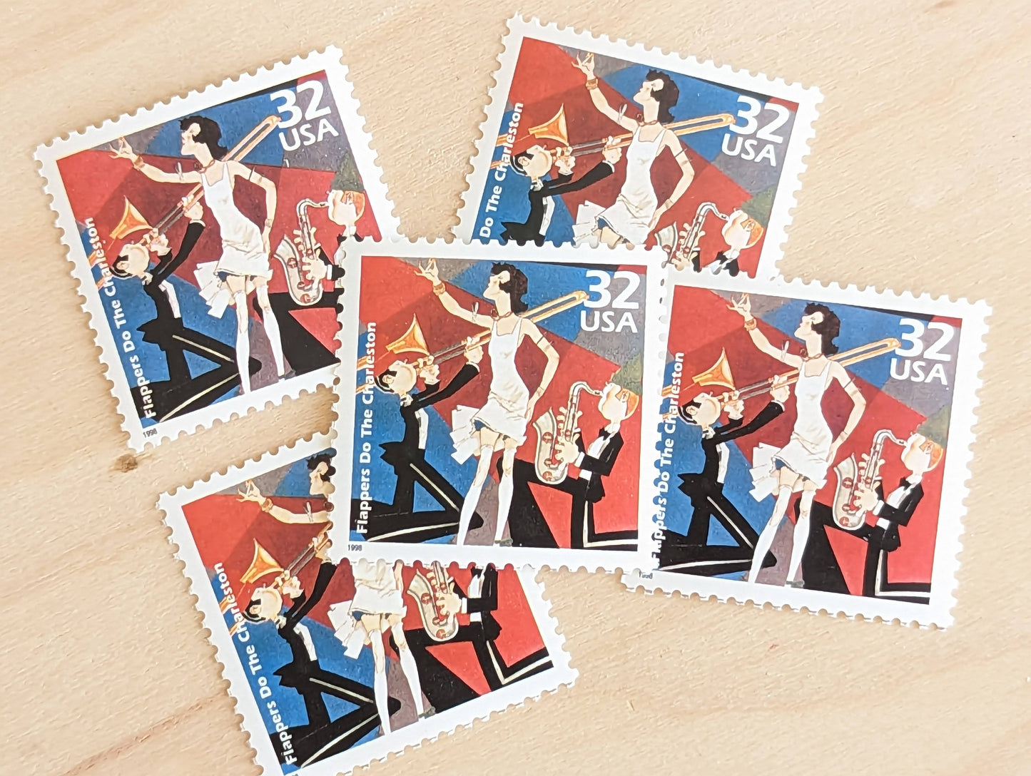 Flappers, Set of 5, Vintage Unused USPS 32 Cent Postage Stamps, 1920s Celebrate the Century Series 1998, Gummed