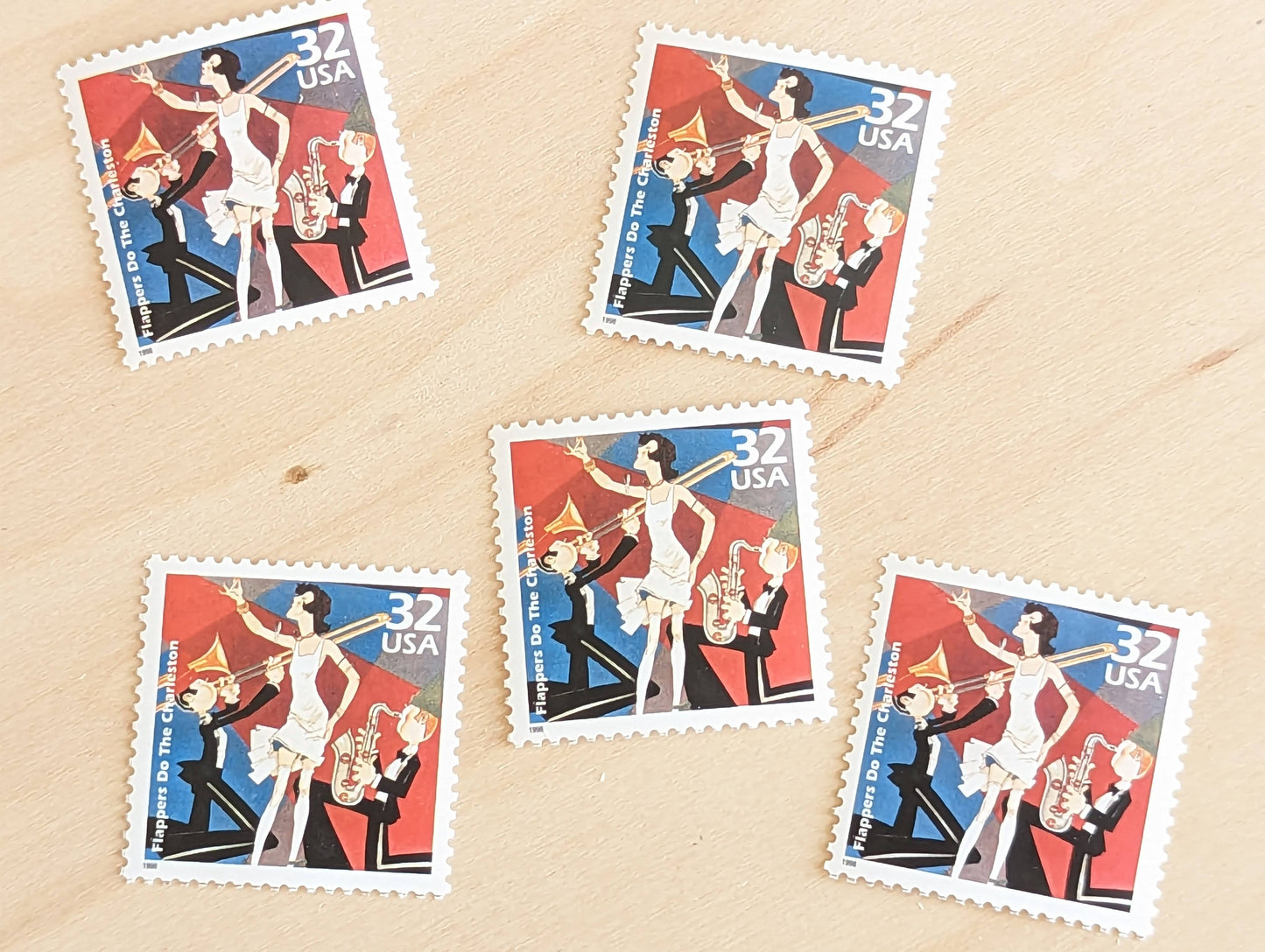 Flappers, Set of 5, Vintage Unused USPS 32 Cent Postage Stamps, 1920s Celebrate the Century Series 1998, Gummed
