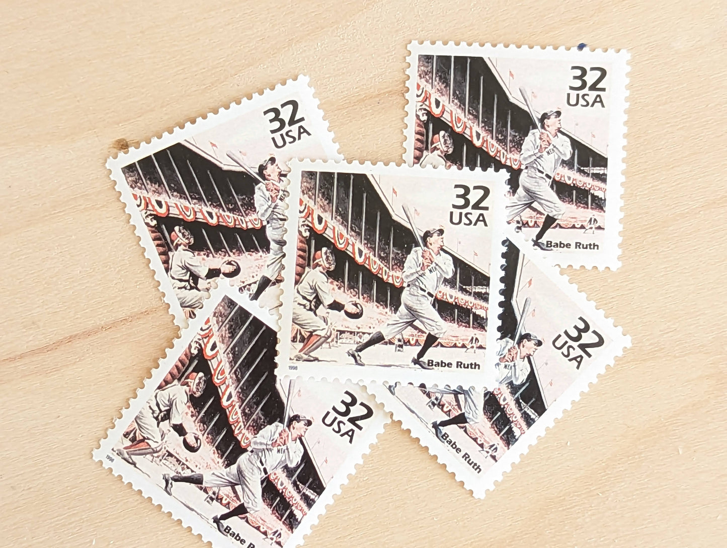 Babe Ruth, Set of 5, Vintage Unused USPS 32 Cent Postage Stamps, 1920s Celebrate the Century Series 1998, Gummed
