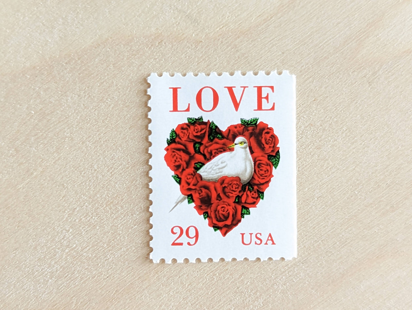 Dove Red Rose Love, Vintage Unused USPS 29 Cent Postage Stamps, Love Series Stamps, 1991, Gummed
