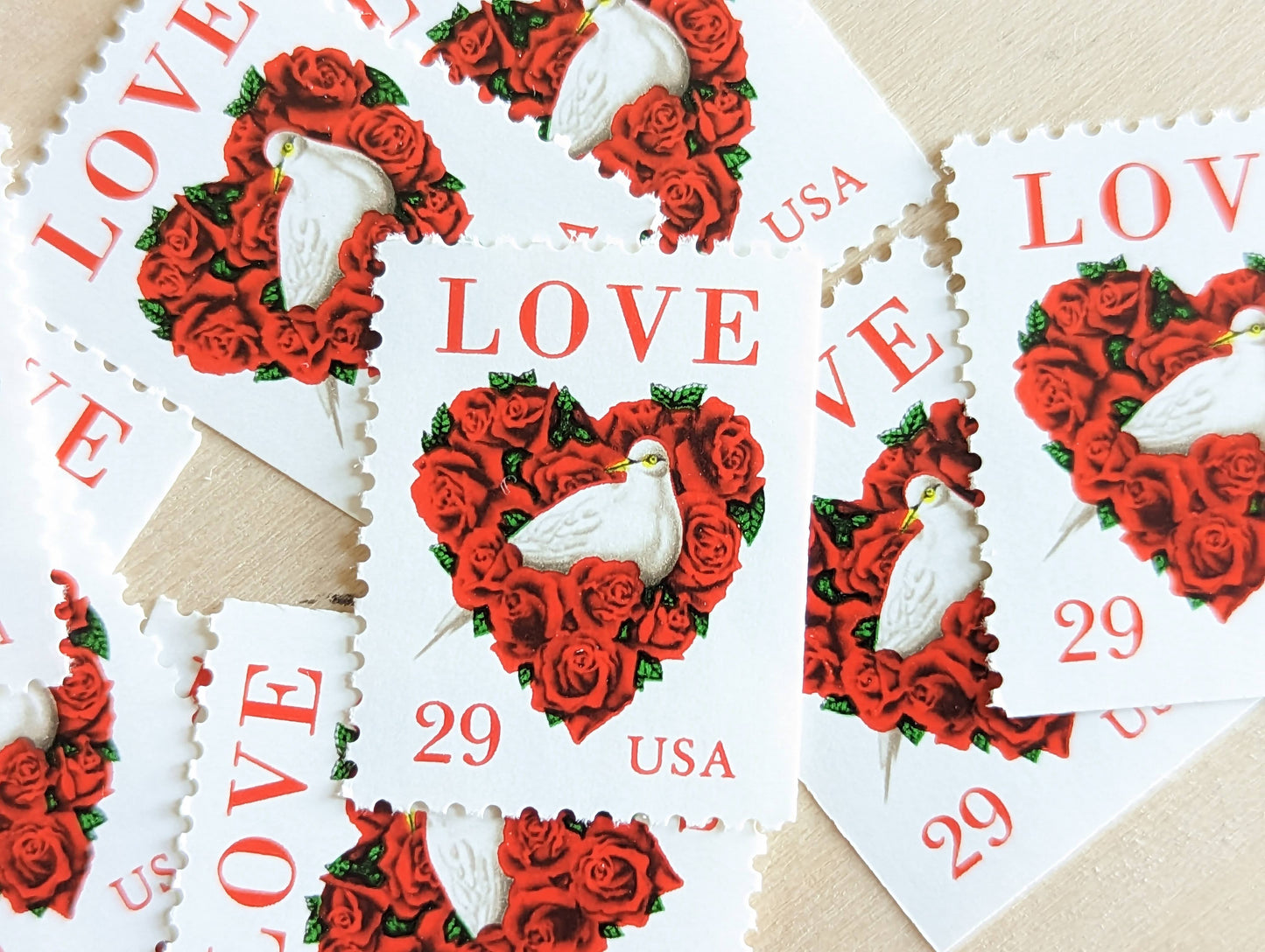 Dove Red Rose Love, Vintage Unused USPS 29 Cent Postage Stamps, Love Series Stamps, 1991, Gummed