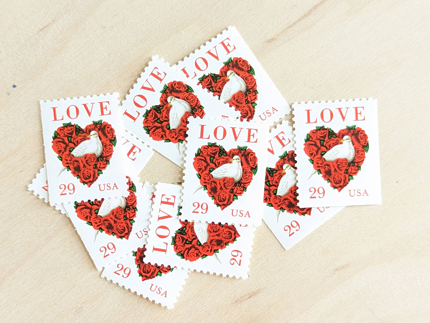 Dove Red Rose Love, Vintage Unused USPS 29 Cent Postage Stamps, Love Series Stamps, 1991, Gummed