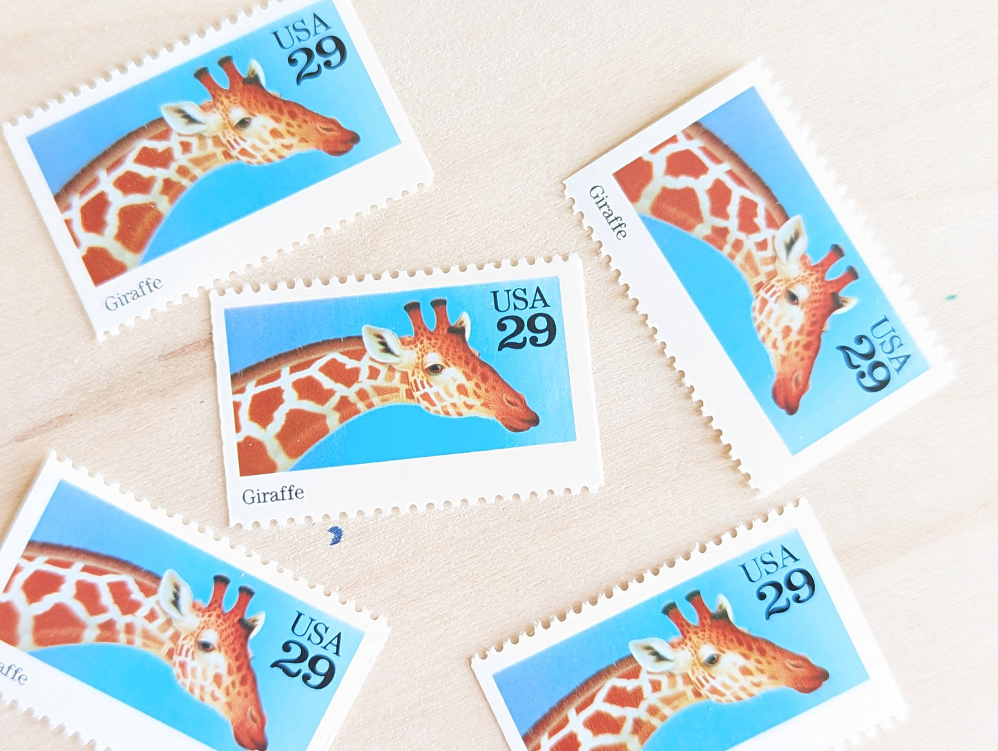 Giraffe Stamps, Set of 5, Vintage Unused USPS 29 Cent Postage Stamps, Wild Animals 1992, Gummed