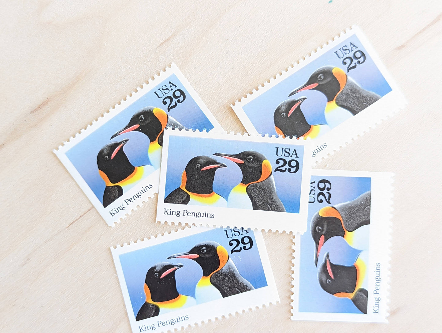 King Penguin Stamps, Set of 5, Vintage Unused USPS 29 Cent Postage Stamps, Wild Animals 1992, Gummed