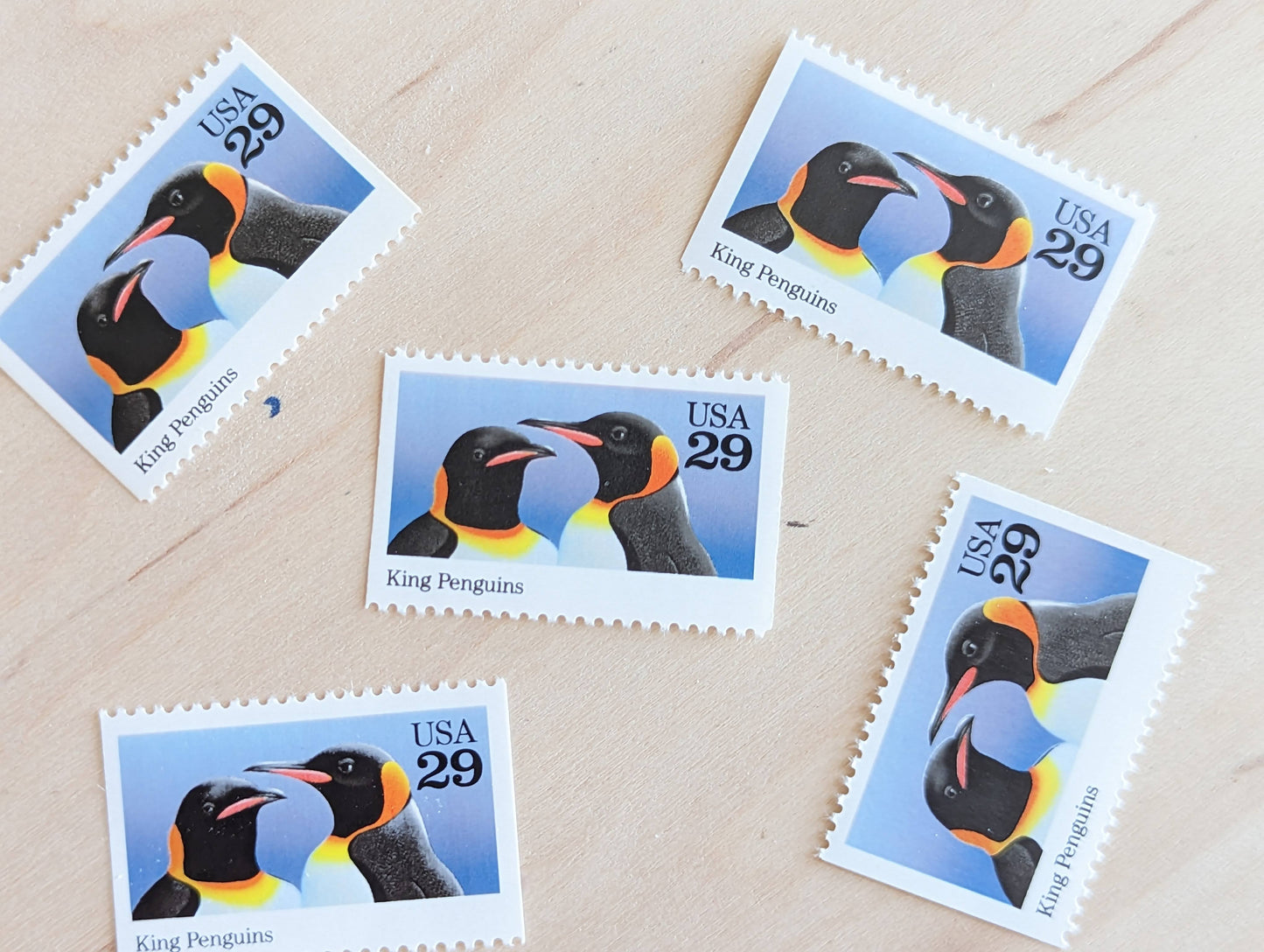 King Penguin Stamps, Set of 5, Vintage Unused USPS 29 Cent Postage Stamps, Wild Animals 1992, Gummed