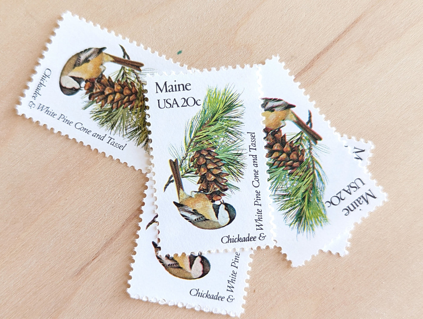Maine State Stamp, Set of 5, Vintage Unused USPS 20 Cent Postage Stamps, State Bird and Flower, 1982, Gummed
