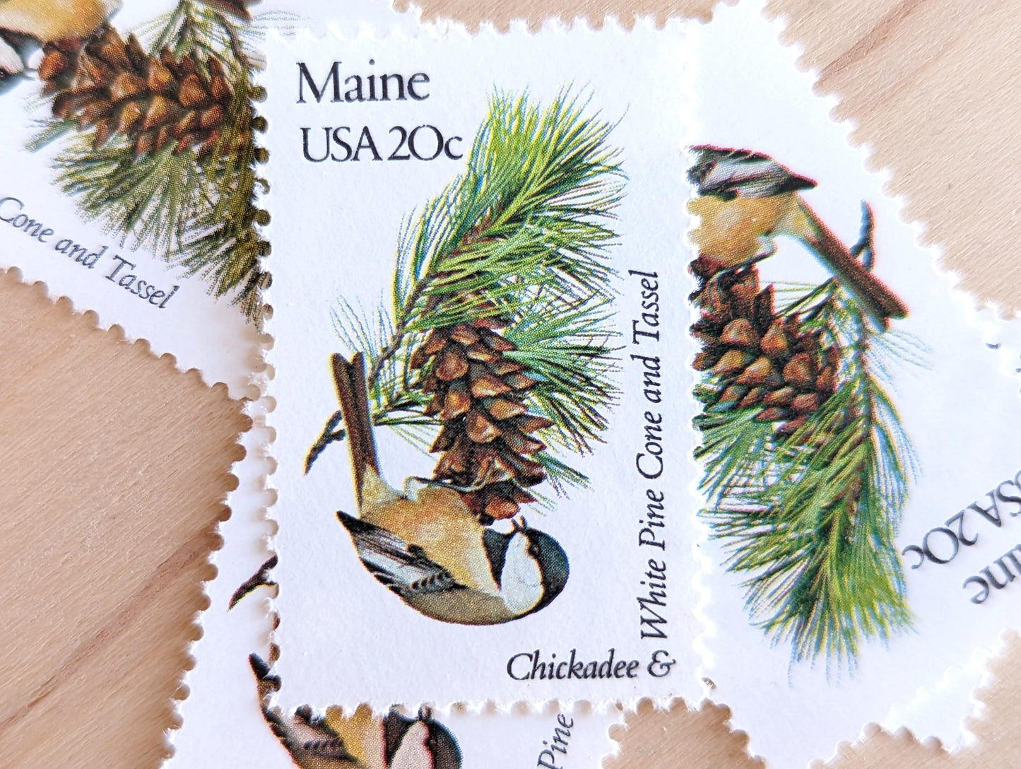 Maine State Stamp, Set of 5, Vintage Unused USPS 20 Cent Postage Stamps, State Bird and Flower, 1982, Gummed