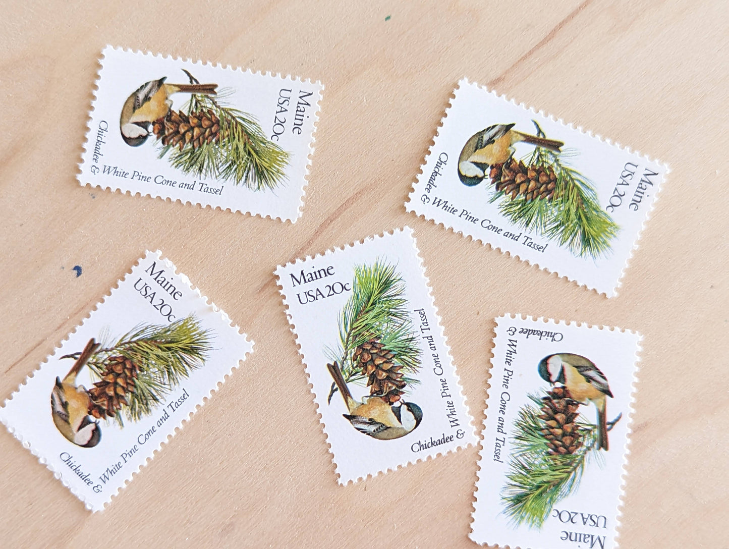 Maine State Stamp, Set of 5, Vintage Unused USPS 20 Cent Postage Stamps, State Bird and Flower, 1982, Gummed