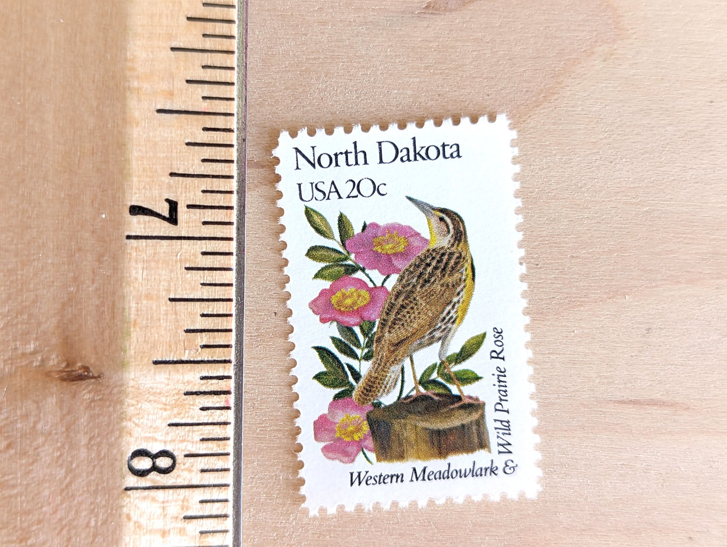 North Dakota State Stamp, Set of 5, Vintage Unused USPS 20 Cent Postage Stamps, State Bird and Flower, 1982, Gummed