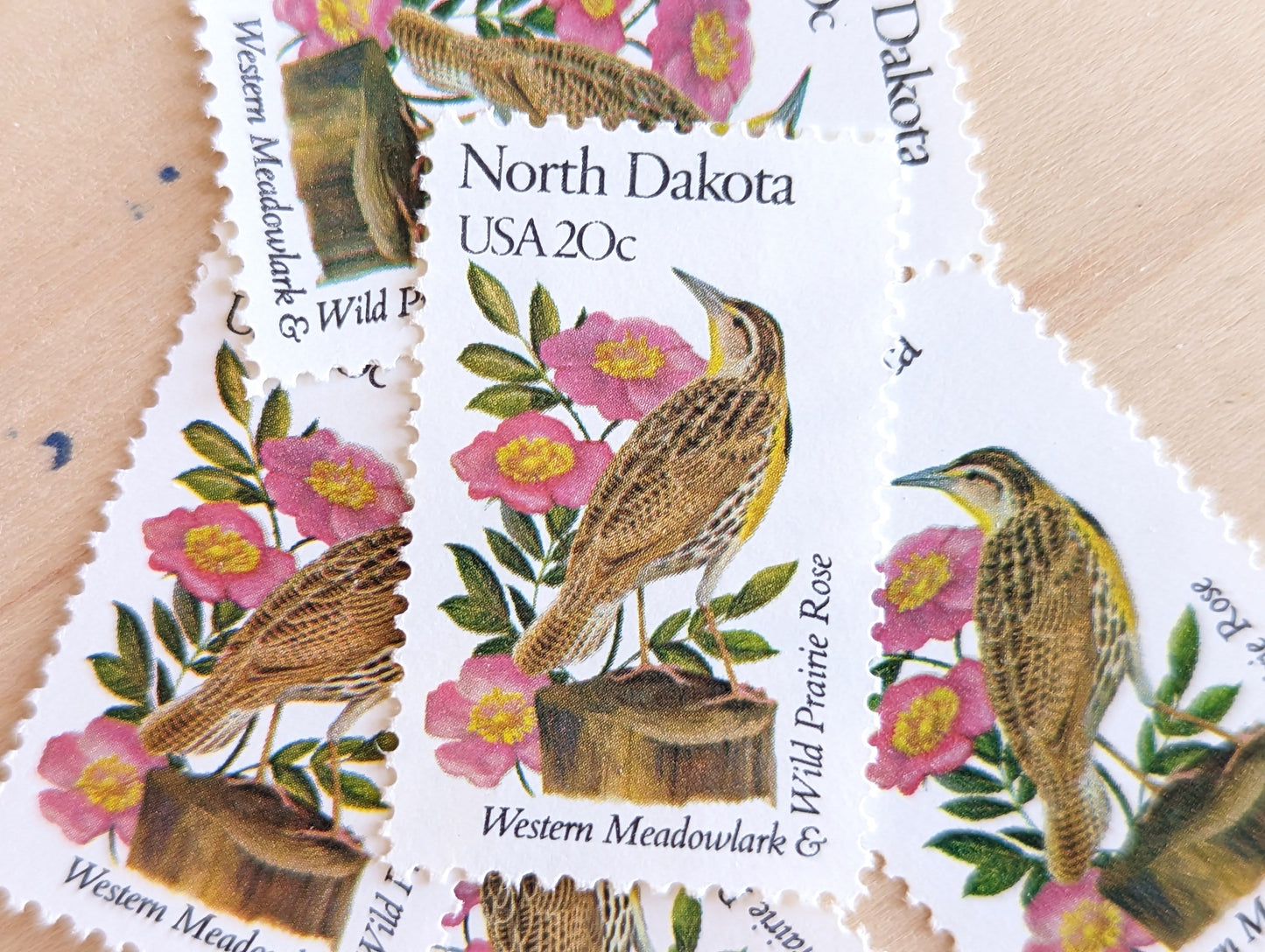 North Dakota State Stamp, Set of 5, Vintage Unused USPS 20 Cent Postage Stamps, State Bird and Flower, 1982, Gummed