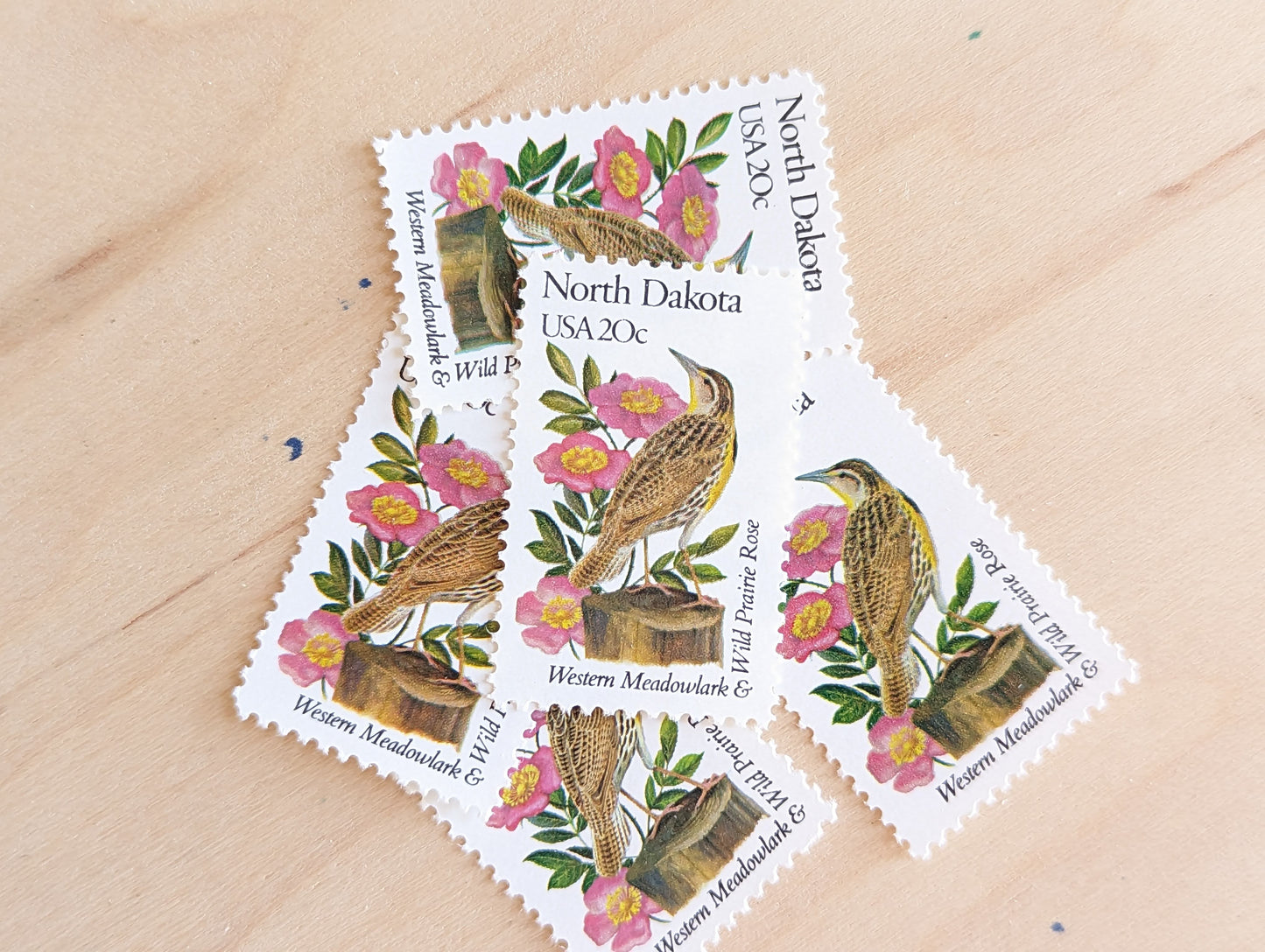 North Dakota State Stamp, Set of 5, Vintage Unused USPS 20 Cent Postage Stamps, State Bird and Flower, 1982, Gummed
