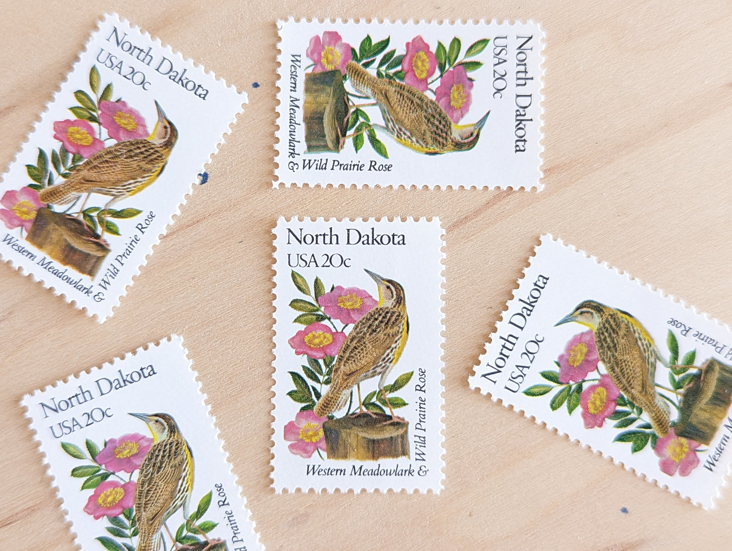 North Dakota State Stamp, Set of 5, Vintage Unused USPS 20 Cent Postage Stamps, State Bird and Flower, 1982, Gummed