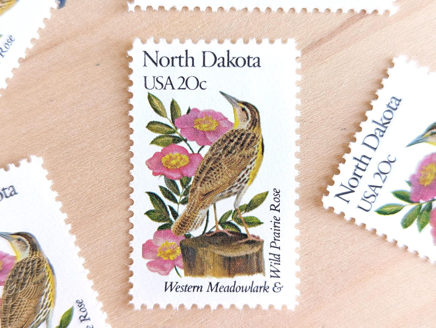 North Dakota State Stamp, Set of 5, Vintage Unused USPS 20 Cent Postage Stamps, State Bird and Flower, 1982, Gummed